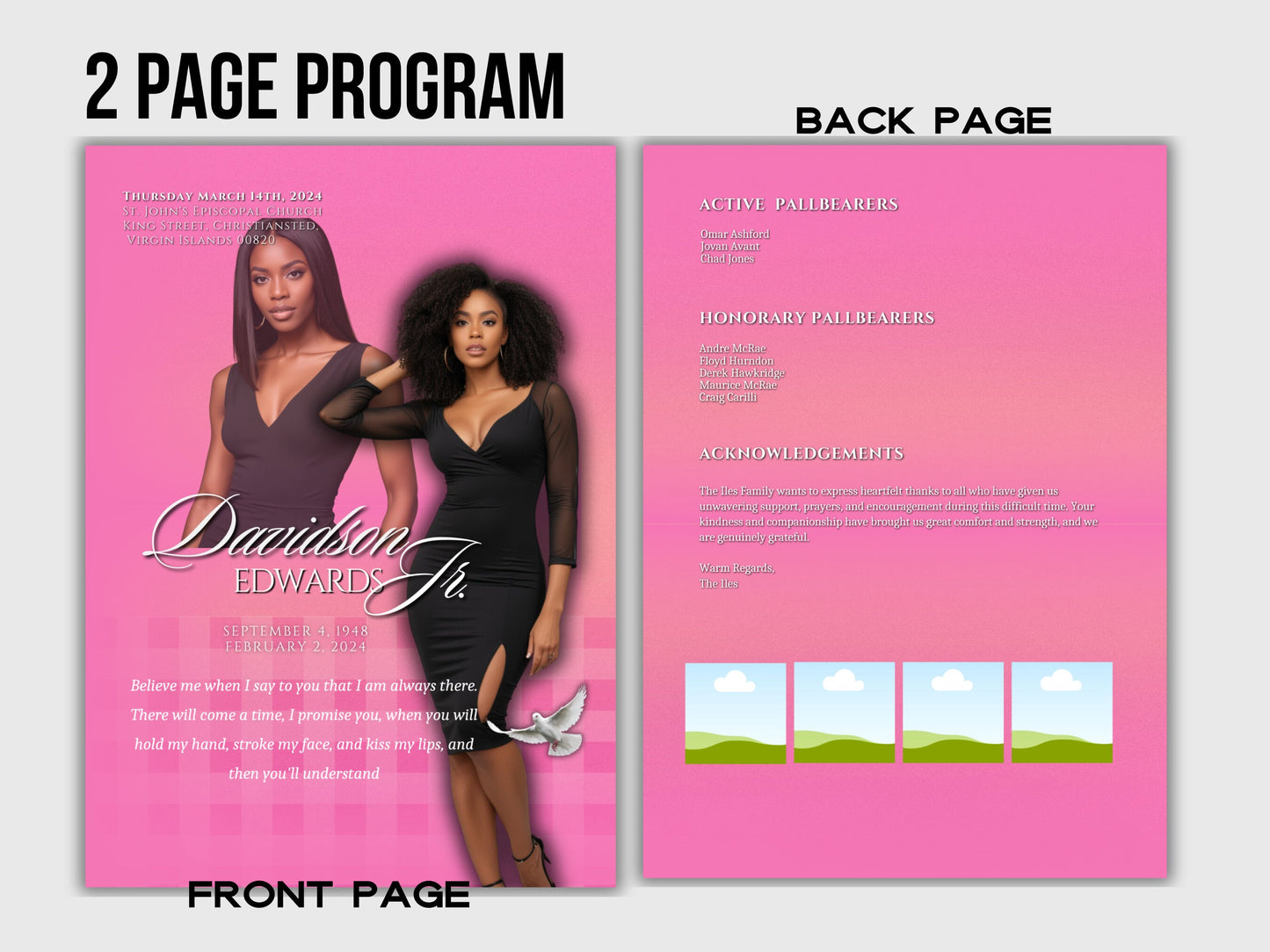 Funeral programs editable template 2 page 8.5x11 Women's Pink In loving memory funeral brochure printing DIY Funeral booklet