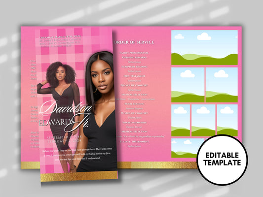 Funeral program 17"X11"editable templateTRIFOLD Women's Pink In loving memory funeral brochure printing DIY Funeral booklet Printable