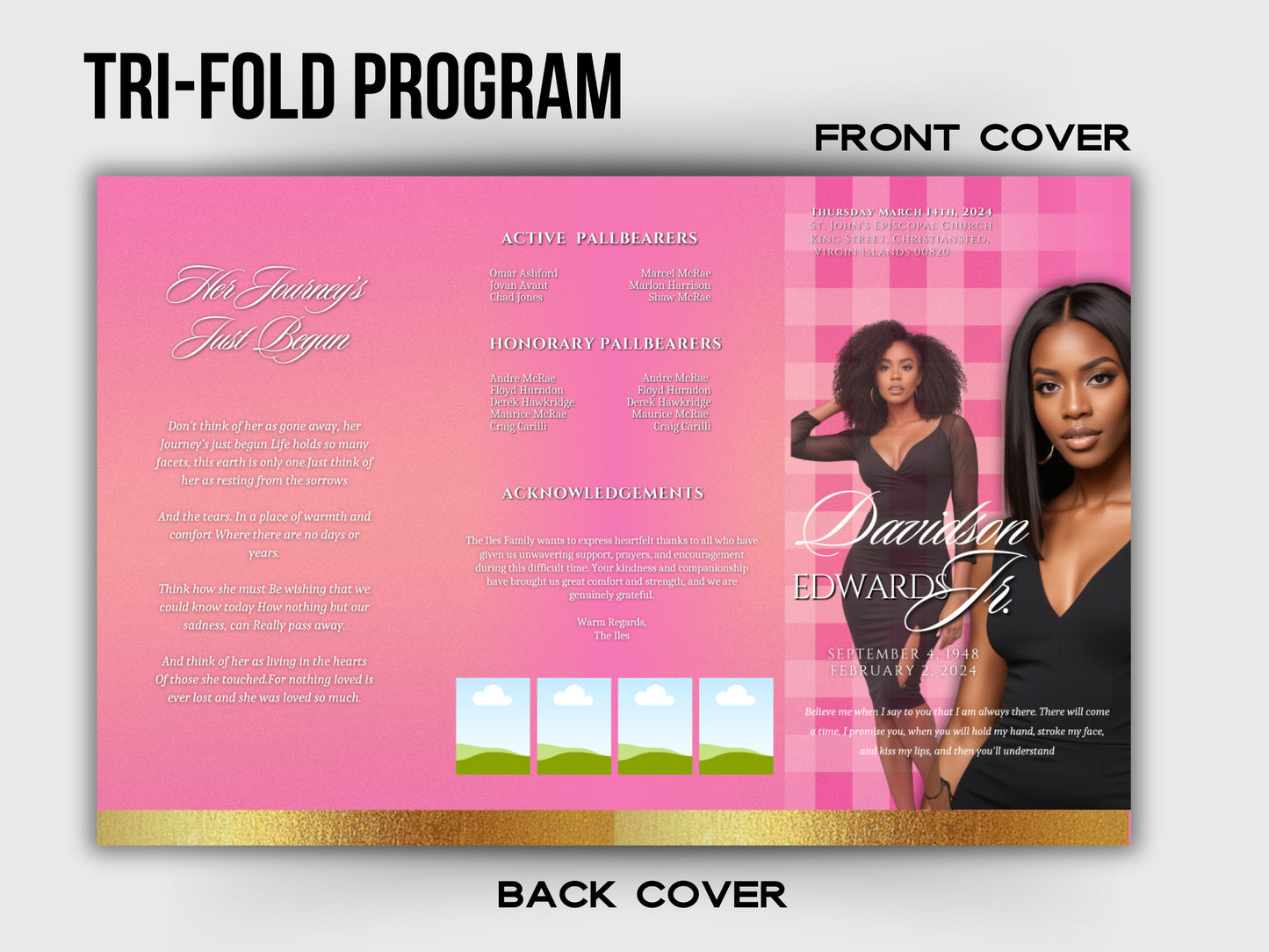 Funeral program 17"X11"editable templateTRIFOLD Women's Pink In loving memory funeral brochure printing DIY Funeral booklet Printable