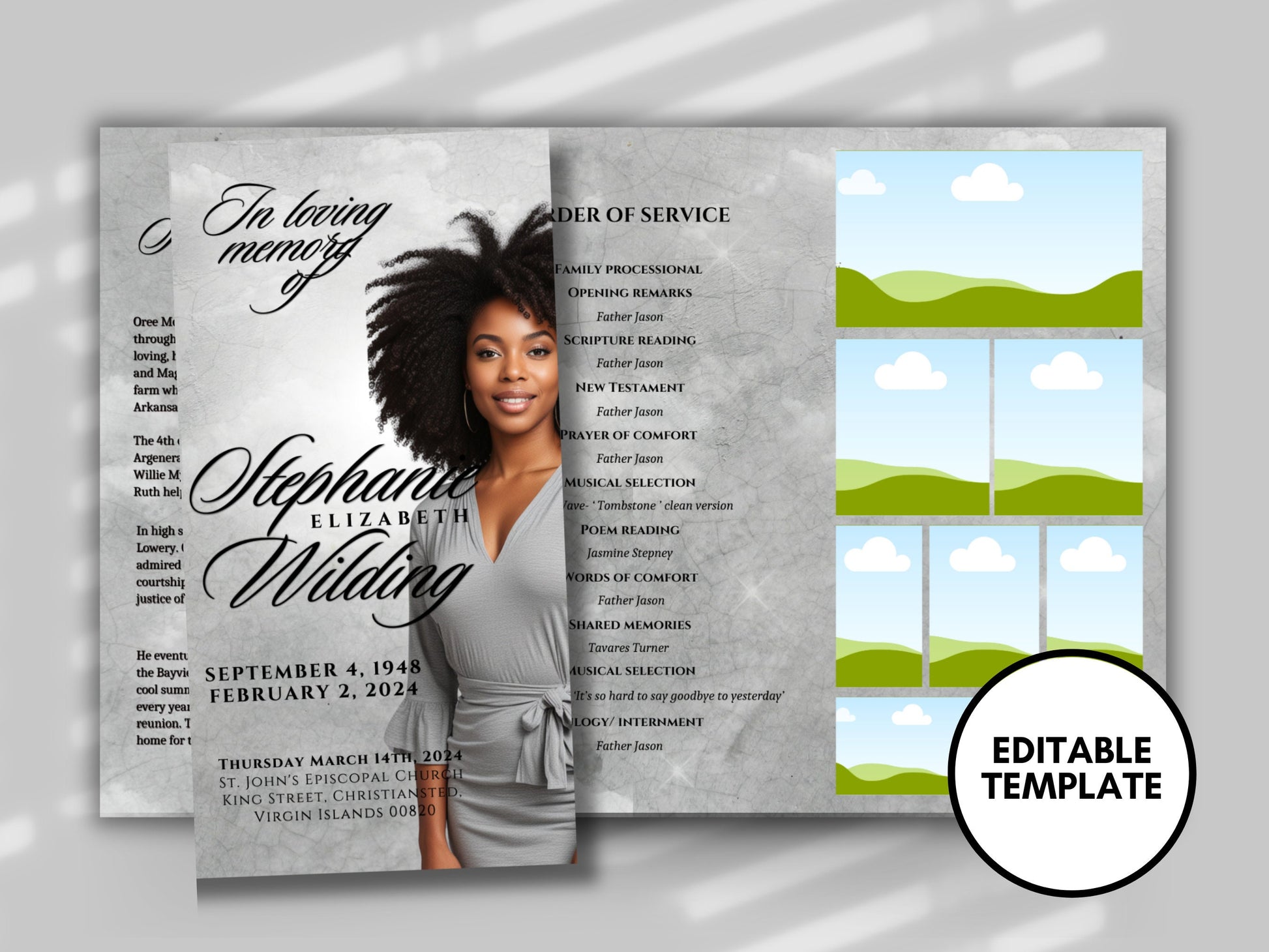 Funeral program 17"X11"editable templateTRIFOLD Women's Grey In loving memory funeral brochure printing DIY Funeral booklet Printable