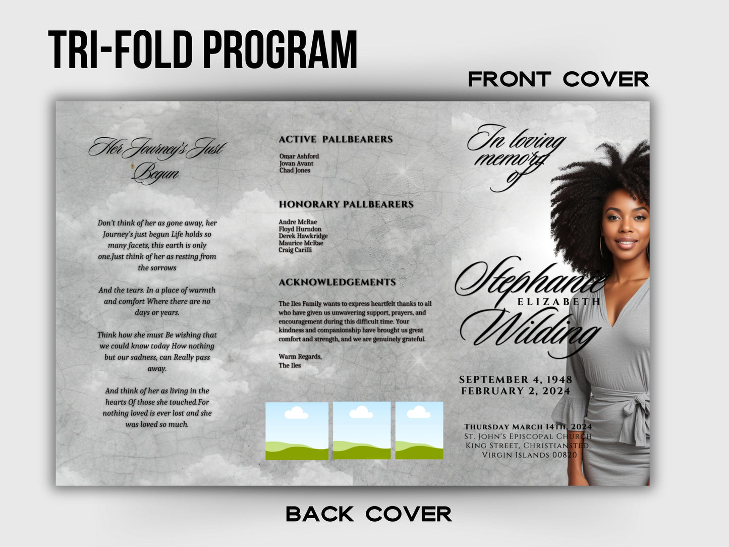 Funeral program 17"X11"editable templateTRIFOLD Women's Grey In loving memory funeral brochure printing DIY Funeral booklet Printable