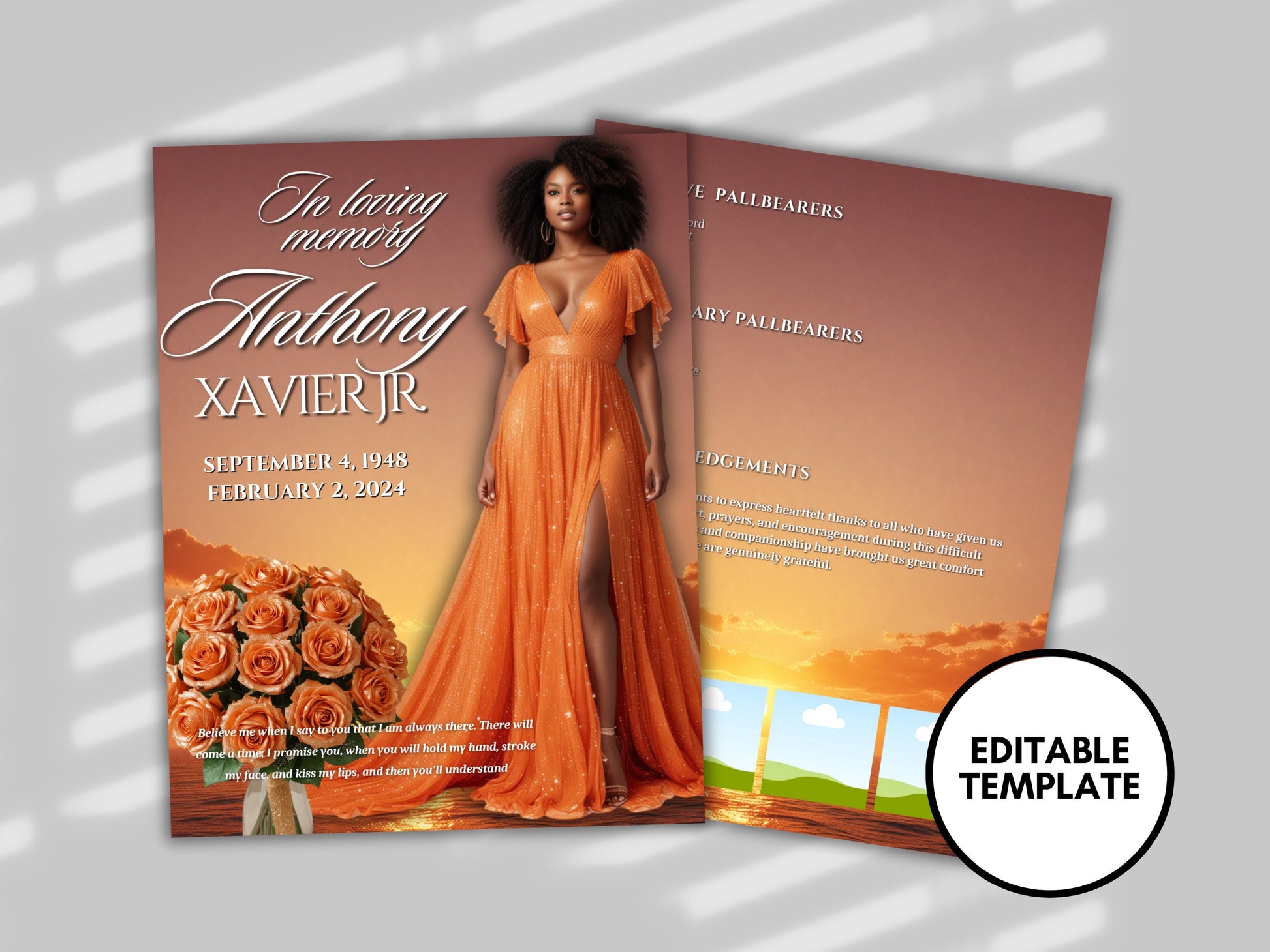 Funeral programs editable template 2 page 8.5x11 Womens Orange Sparkle In loving memory funeral brochure printing DIY Funeral booklet