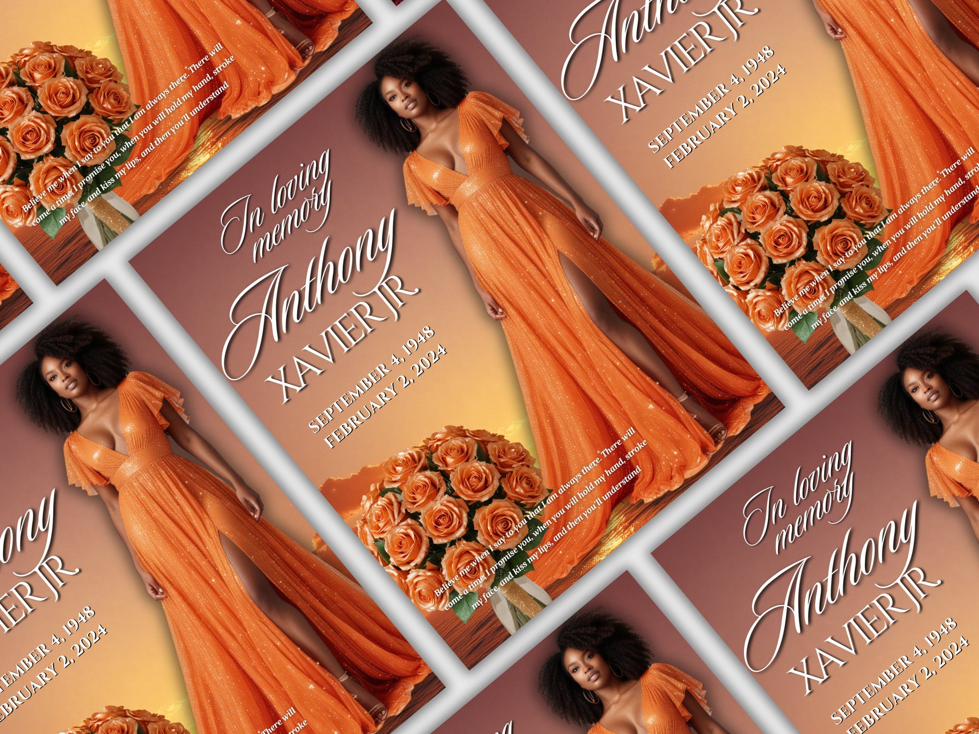 Funeral programs editable template 2 page 8.5x11 Womens Orange Sparkle In loving memory funeral brochure printing DIY Funeral booklet