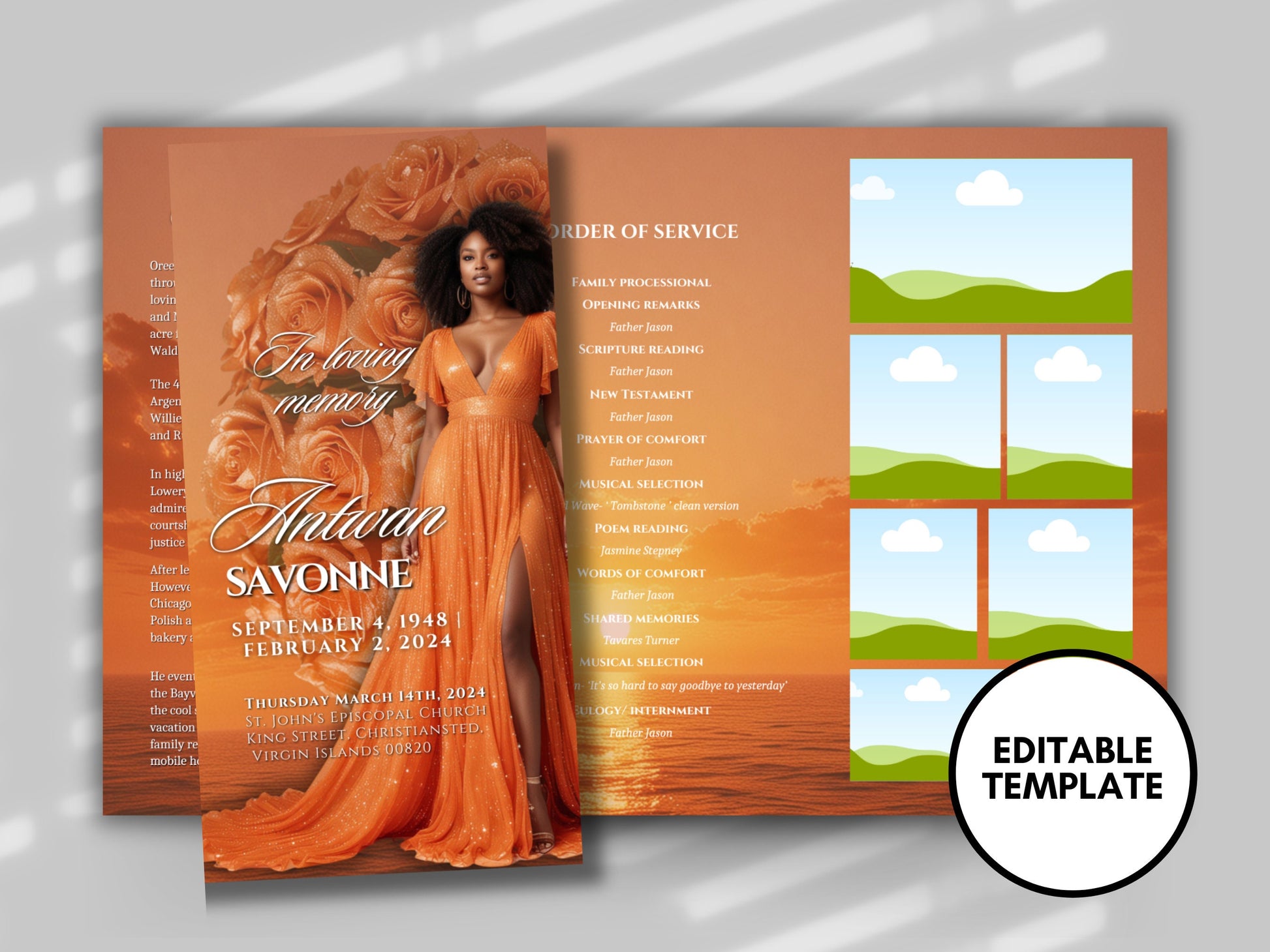 Funeral program 17"X11"editable templateTRIFOLD Womens Orange In loving memory funeral brochure printing DIY Funeral booklet Printable