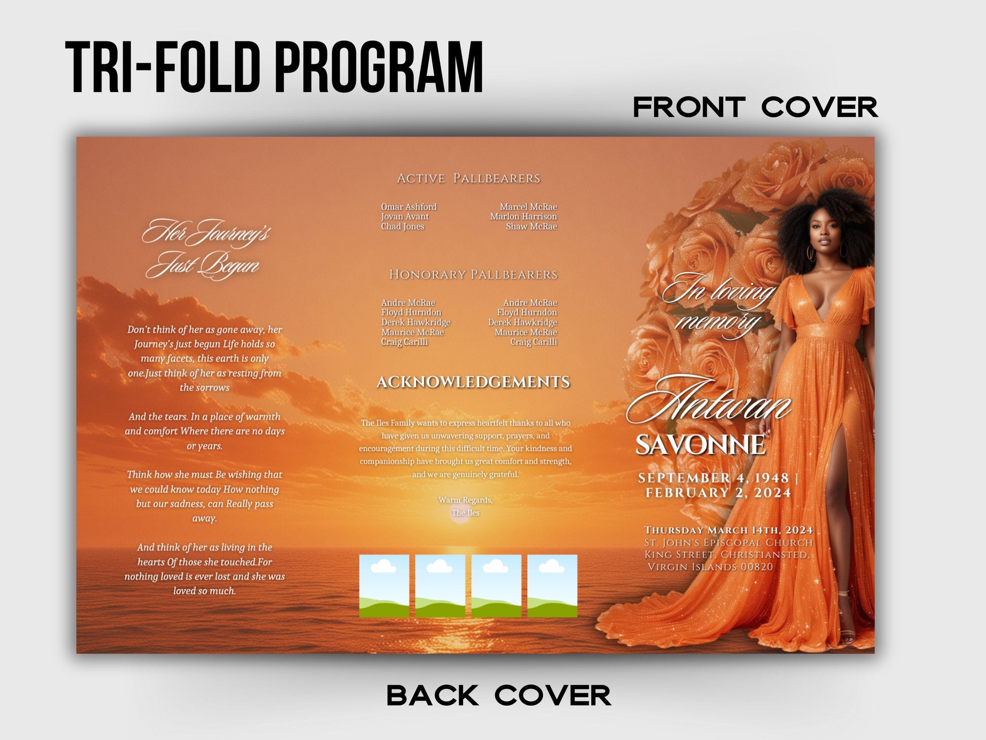 Funeral program 17"X11"editable templateTRIFOLD Womens Orange In loving memory funeral brochure printing DIY Funeral booklet Printable