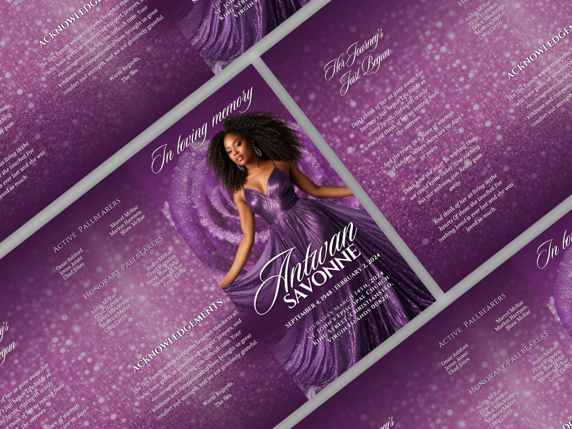 Funeral program 17"X11"editable templateTRIFOLD Womens Purple In loving memory funeral brochure printing DIY Funeral booklet Printable