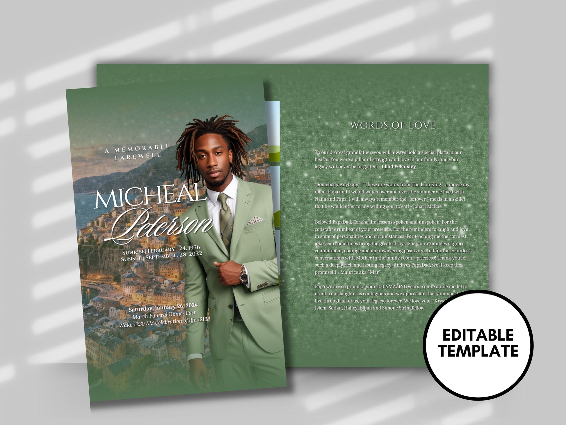 Funeral programs 8.5X11 editable template 8 page Men's Sage Green In loving memory funeral brochure printing DIY Funeral booklet