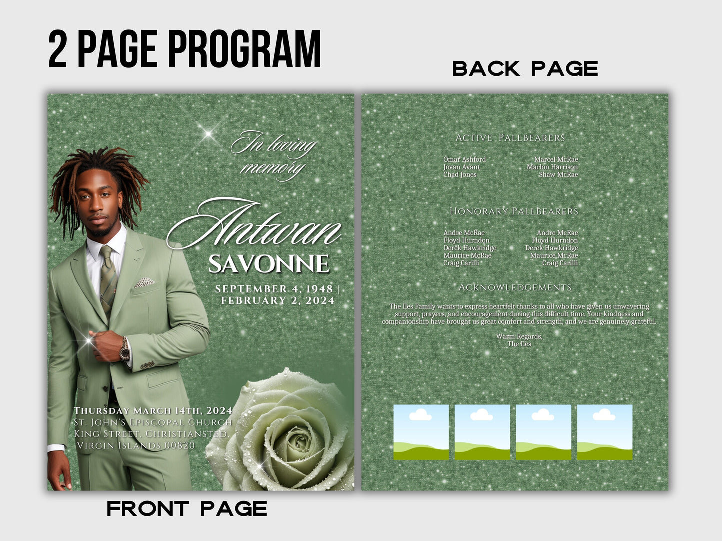 Funeral programs editable template 2 page 8.5x11 Men's Sage Green In loving memory funeral brochure printing DIY Funeral booklet