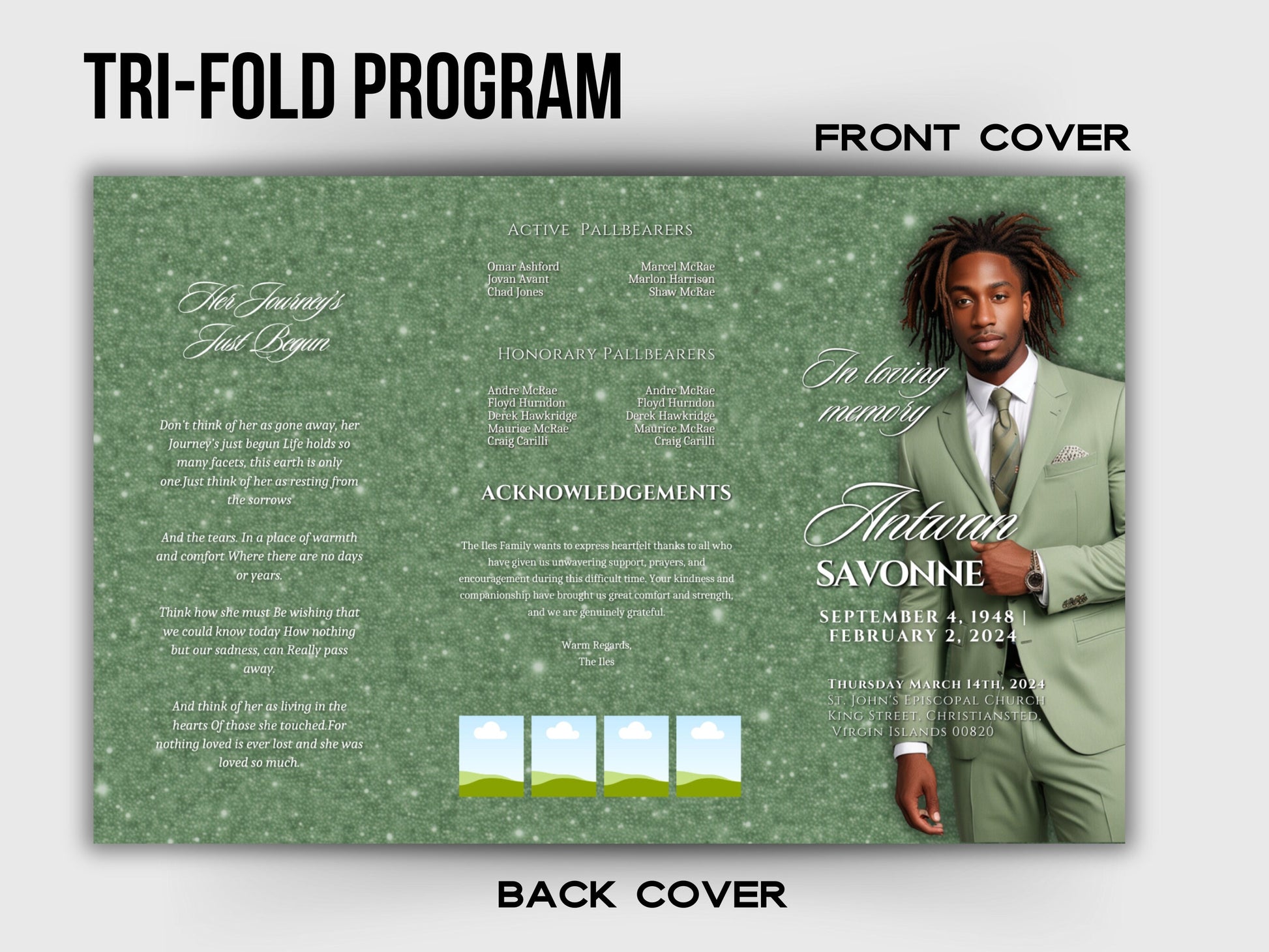 Funeral program 17"X11"editable templateTRIFOLD Men's Sage green In loving memory funeral brochure printing DIY Funeral booklet Printable