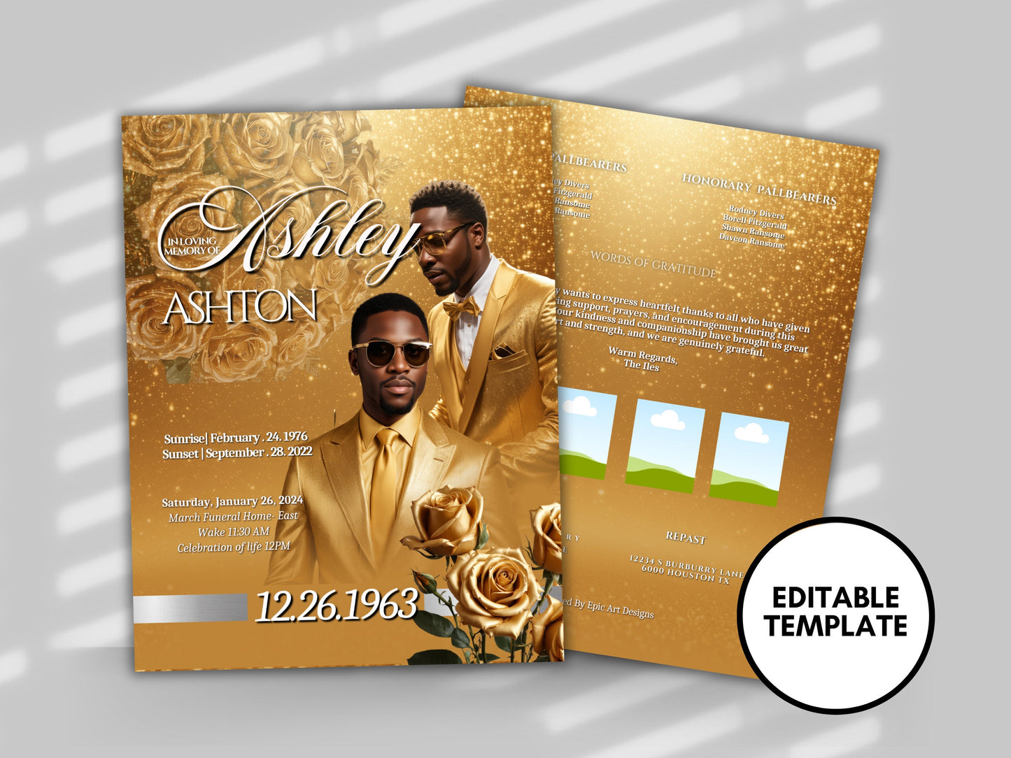 Funeral programs editable template 2 page 8.5x11 Men's Gold Glitter In loving memory funeral brochure printing DIY Funeral booklet