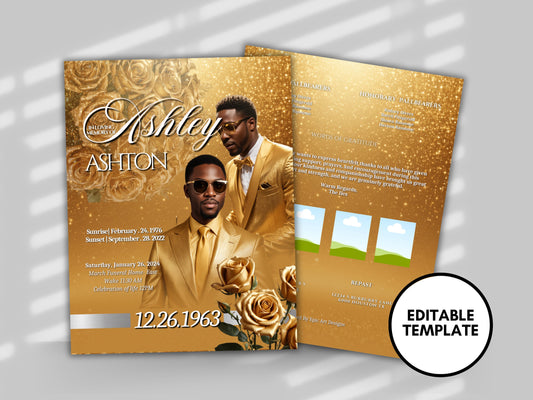 Funeral programs editable template 2 page 8.5x11 Men's Gold Glitter In loving memory funeral brochure printing DIY Funeral booklet