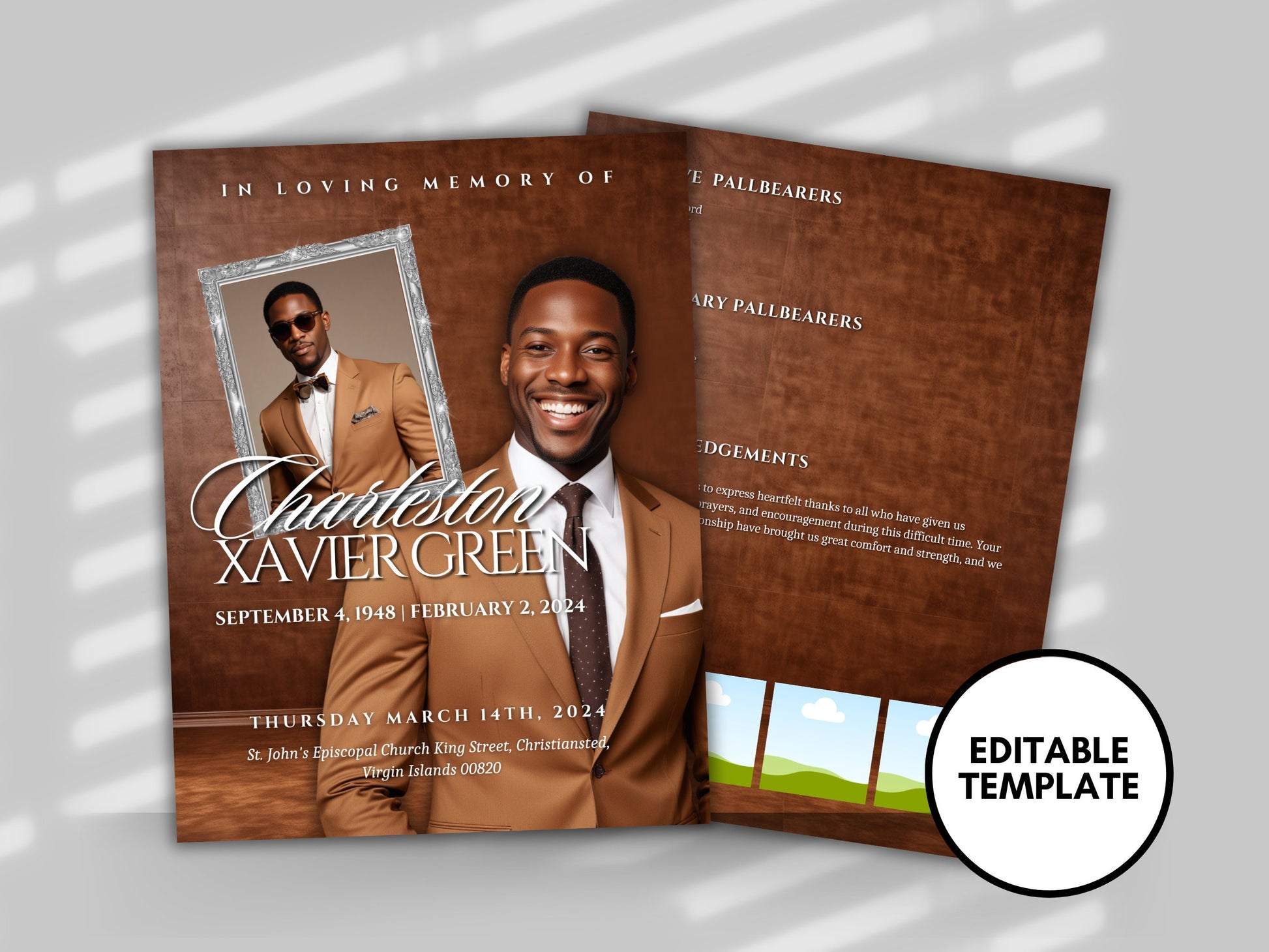 Funeral programs editable template 2 page 8.5x11 Men's Brown In loving memory funeral brochure printing DIY Funeral booklet