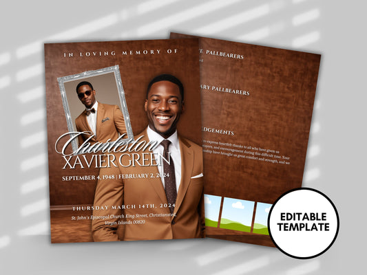 Funeral programs editable template 2 page 8.5x11 Men's Brown In loving memory funeral brochure printing DIY Funeral booklet