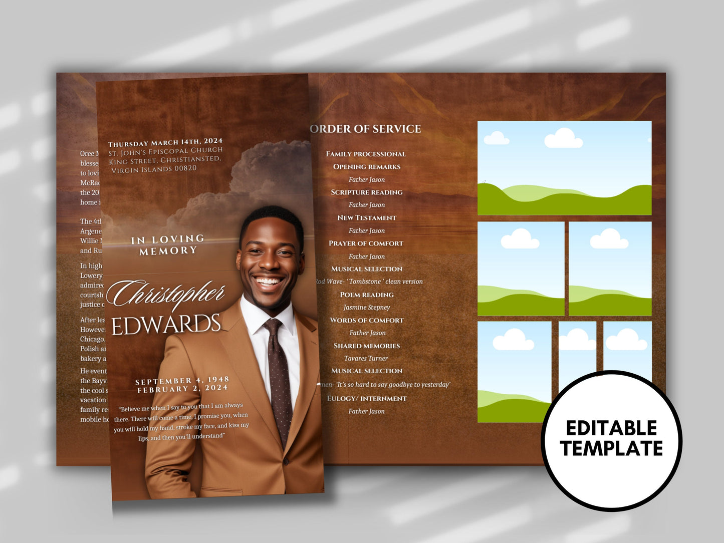 Funeral program 17"X11"editable templateTRIFOLD Men's Brown In loving memory funeral brochure printing DIY Funeral booklet Printable