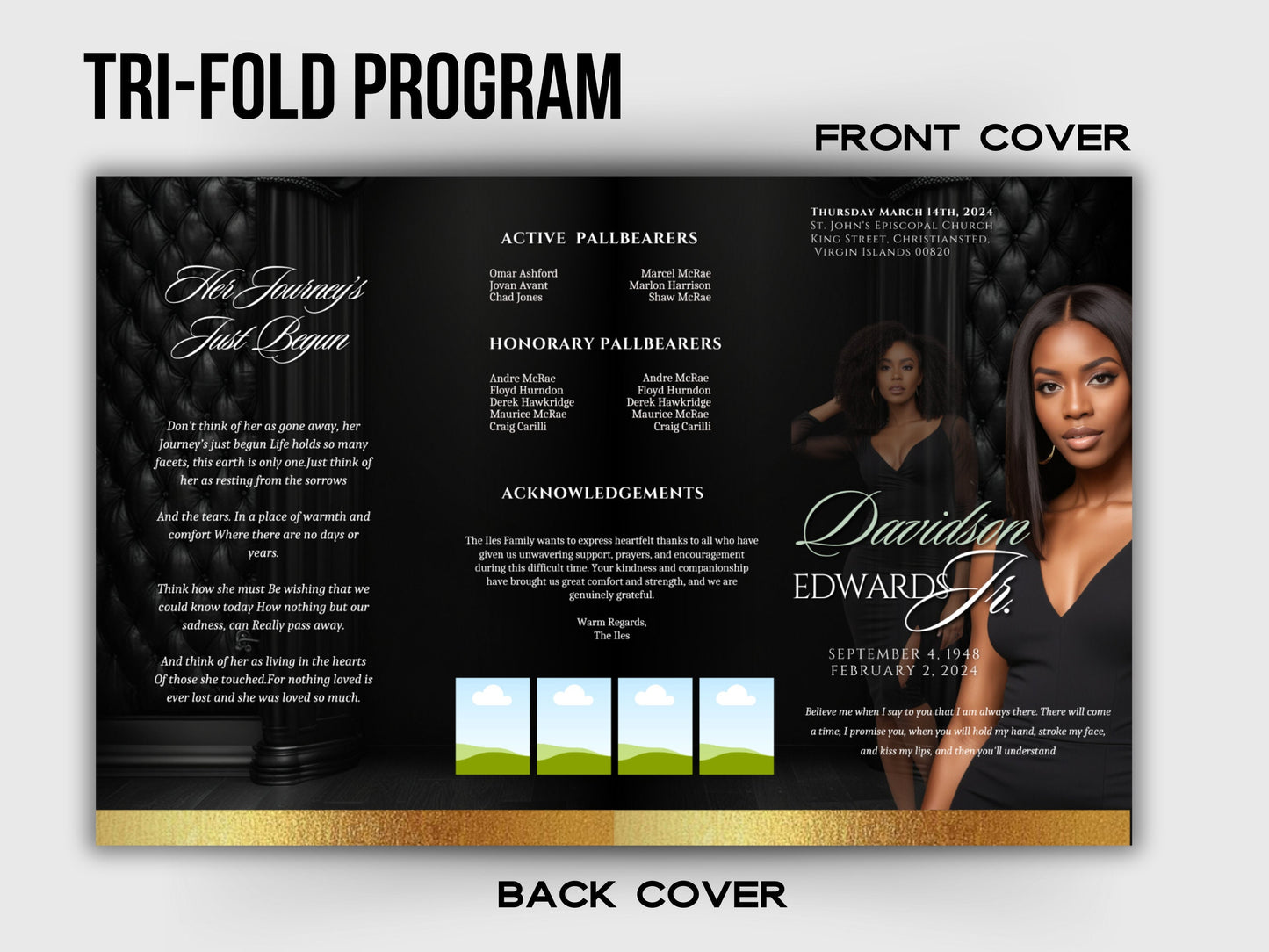 Funeral program 17"X11"editable templateTRIFOLD Women's Black In loving memory funeral brochure printing DIY Funeral booklet Printable