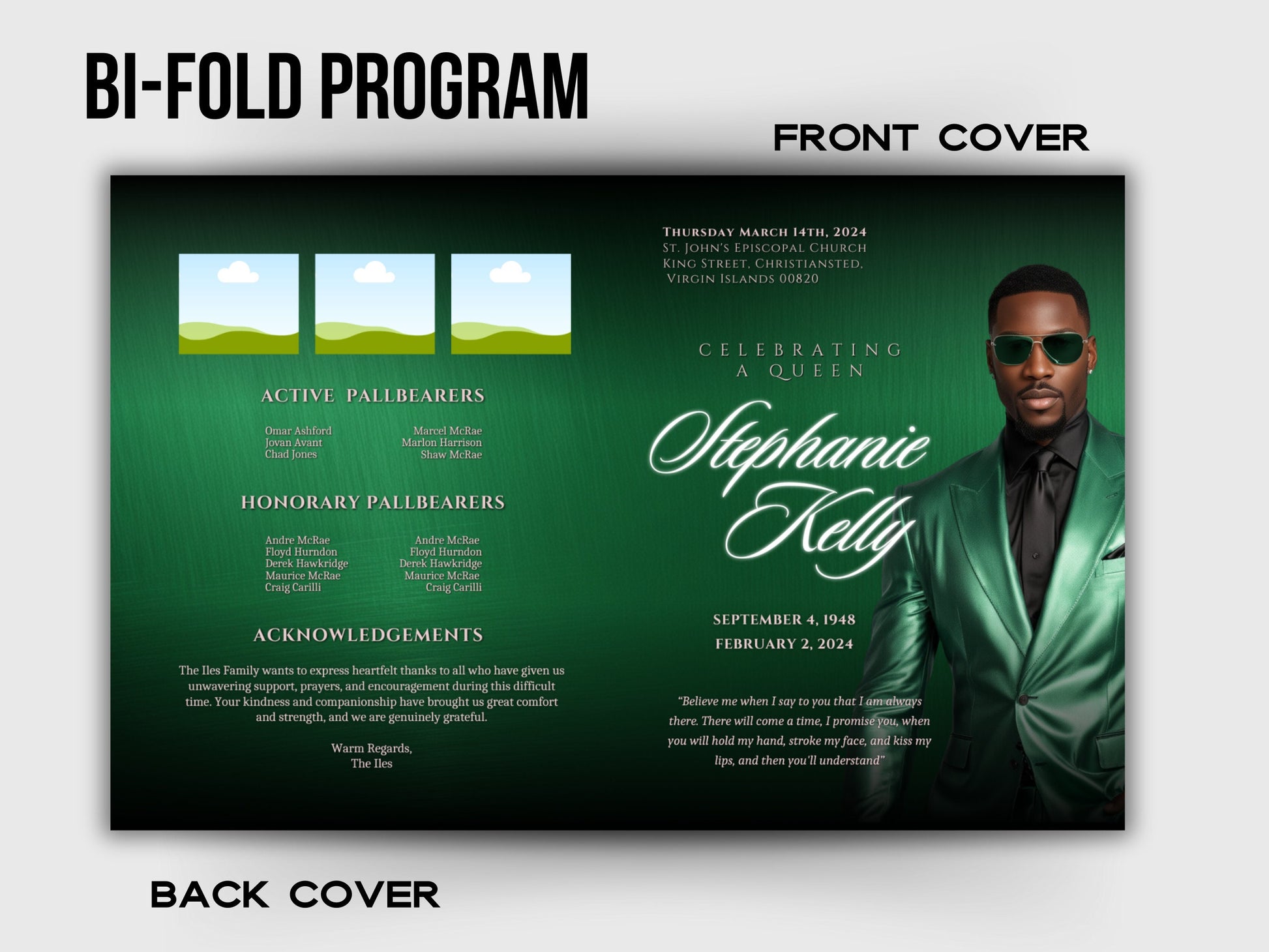 Funeral programs 8.5X11 editable template 8 page Men's Green In loving memory funeral brochure printing DIY Funeral booklet