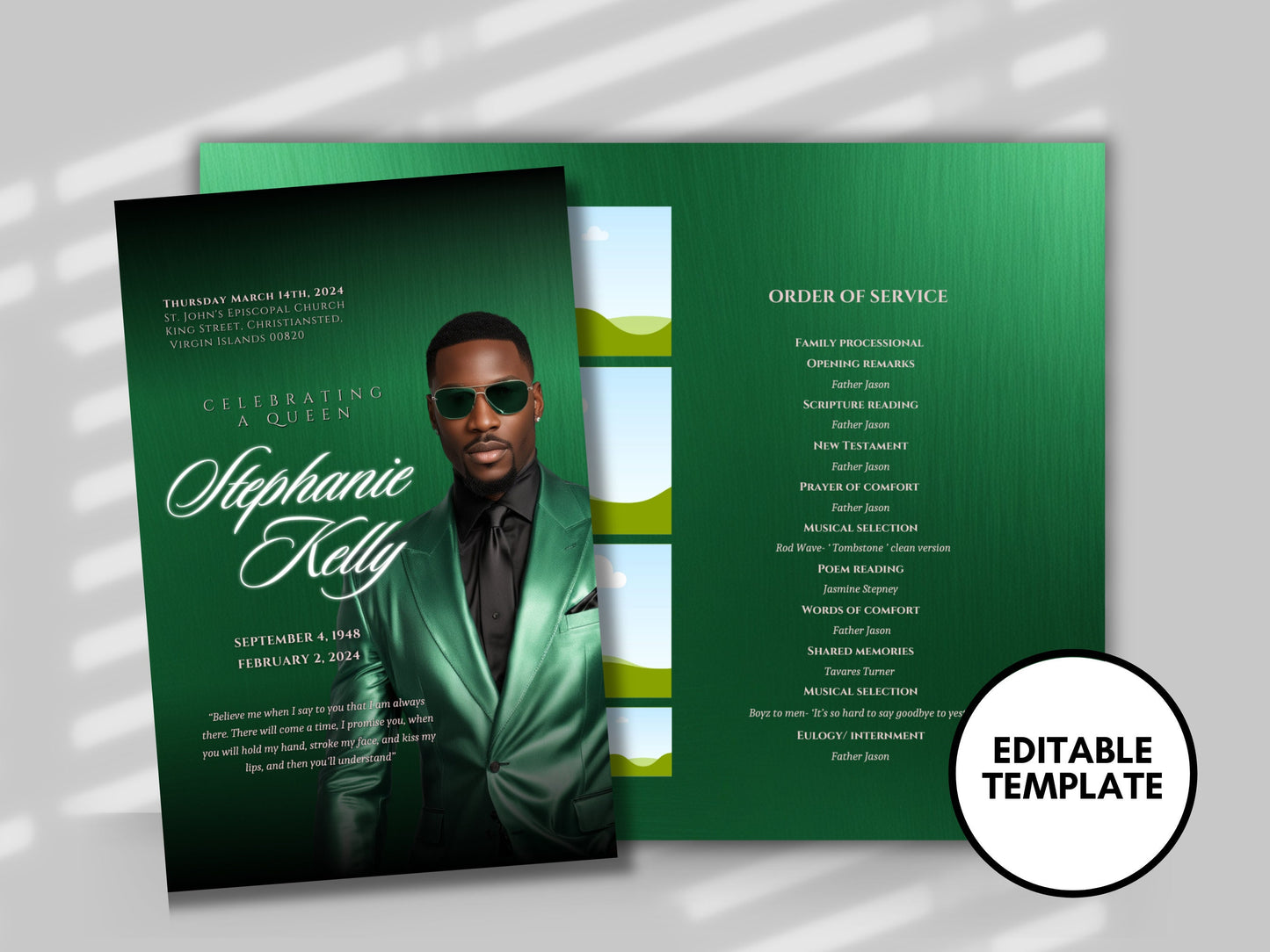 Funeral programs 8.5X11 editable template 8 page Men's Green In loving memory funeral brochure printing DIY Funeral booklet