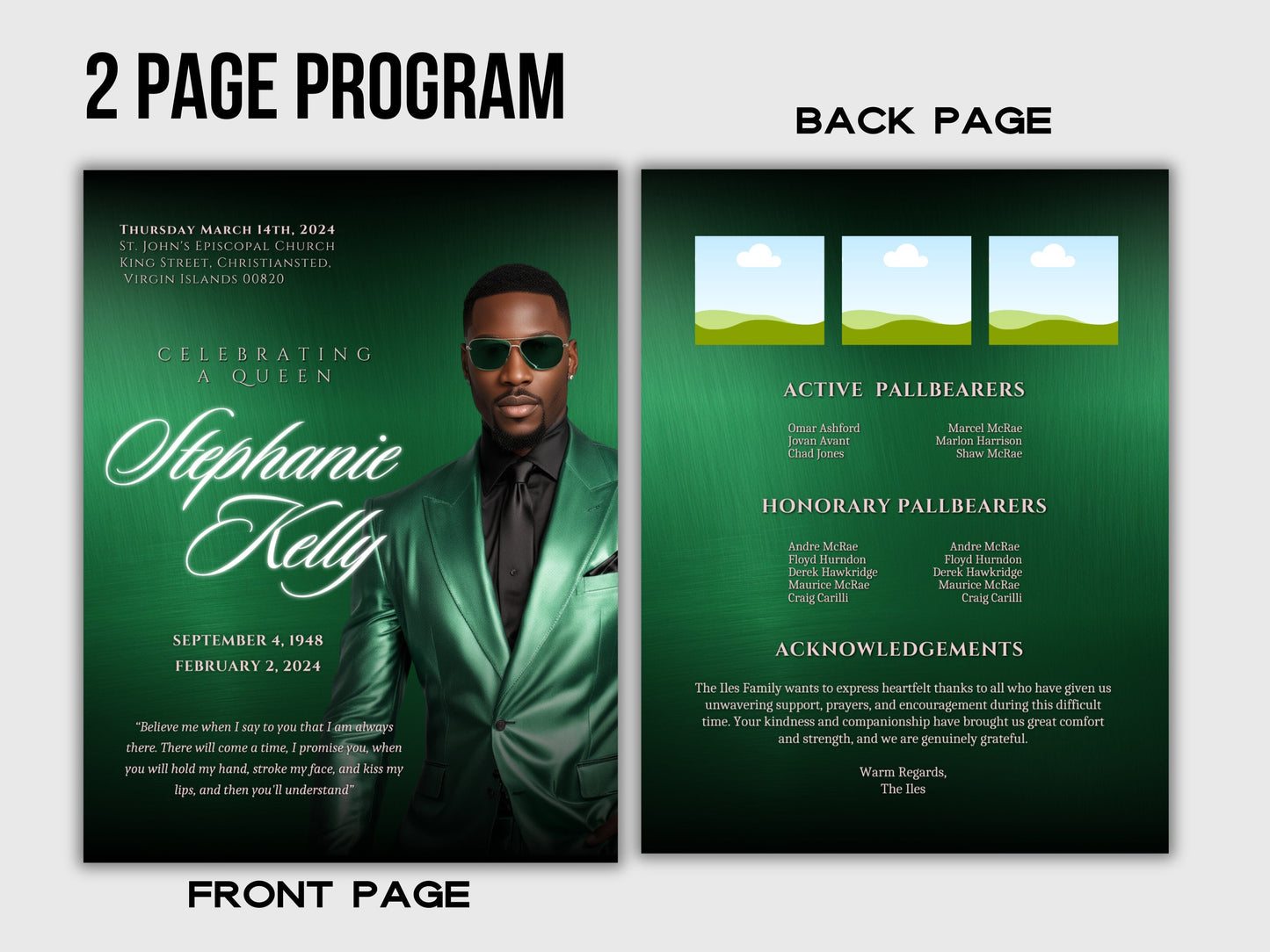 Funeral programs editable template 2 page 8.5x11 Men's Green In loving memory funeral brochure printing DIY Funeral booklet