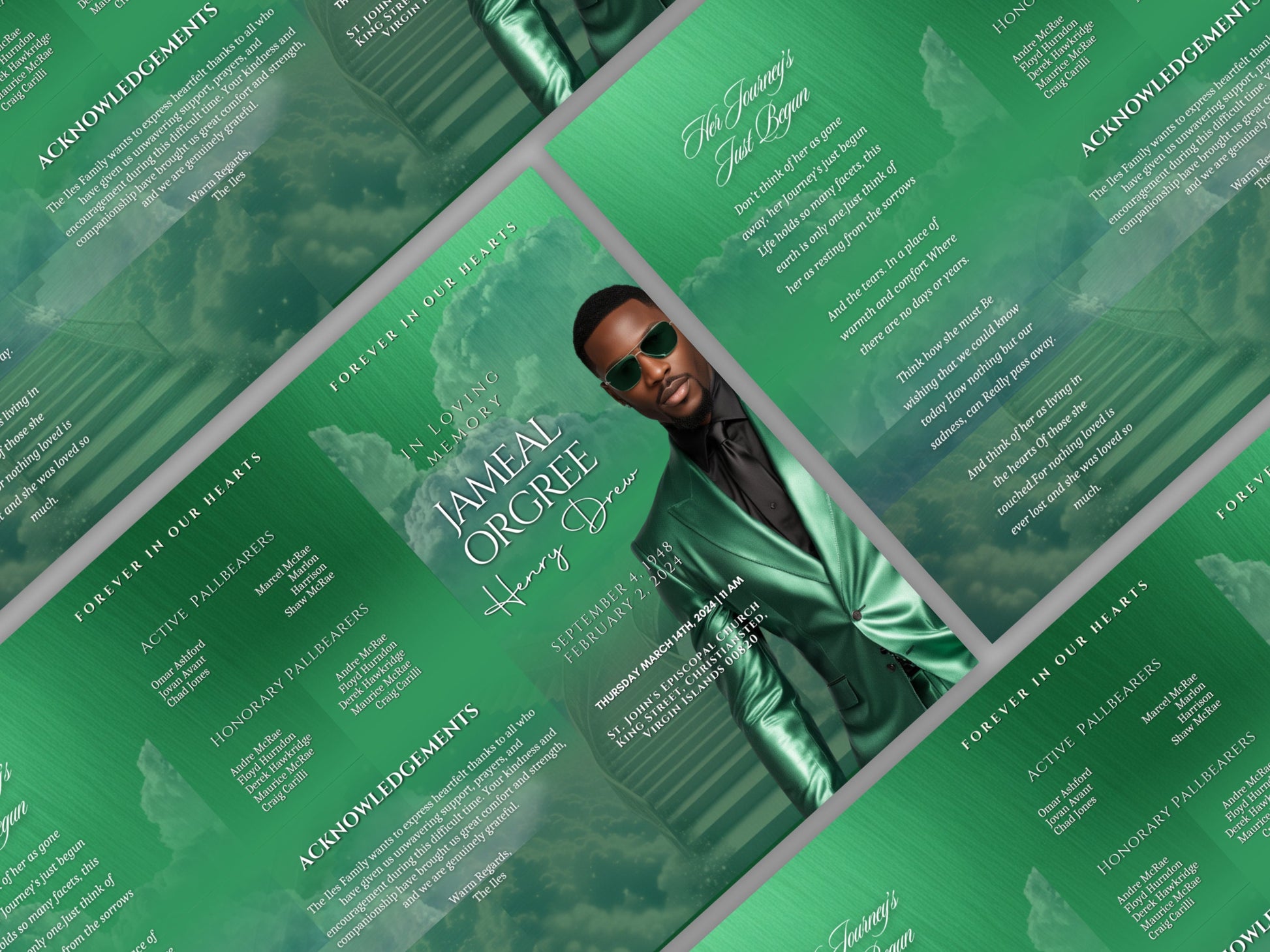 Funeral program 17"X11"editable templateTRIFOLD Men's Green In loving memory funeral brochure printing DIY Funeral booklet Printable