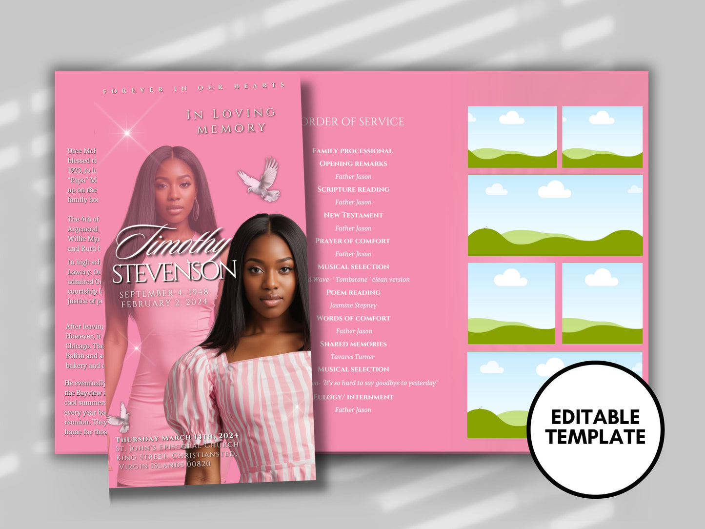 Funeral program 17"X11"editable templateTRIFOLD Women's Pink In loving memory funeral brochure printing DIY Funeral booklet Printable