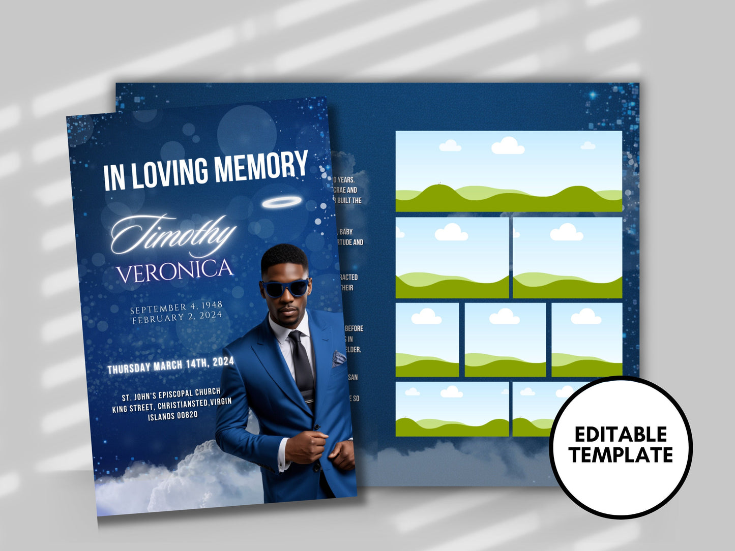 Funeral programs 8.5X11 editable template 8 page Men's Blue In loving memory funeral brochure printing DIY Funeral booklet