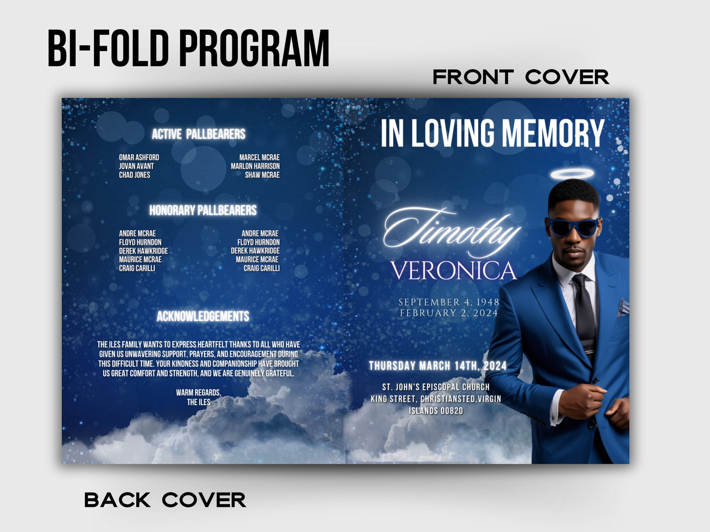 Funeral programs 8.5X11 editable template 8 page Men's Blue In loving memory funeral brochure printing DIY Funeral booklet