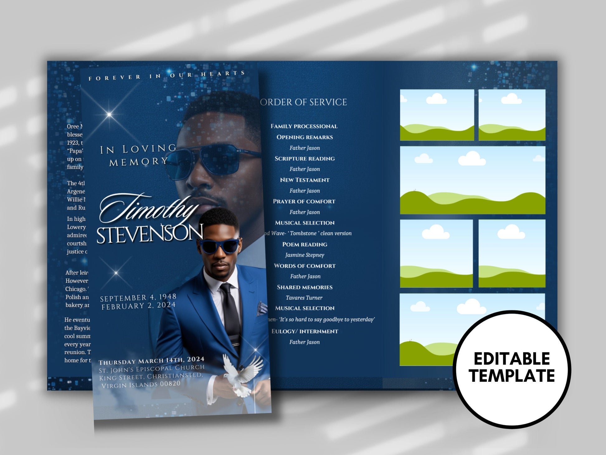 Funeral program 17"X11"editable templateTRIFOLD Men's Blue In loving memory funeral brochure printing DIY Funeral booklet Printable