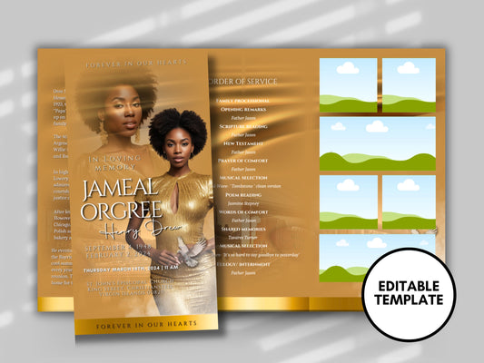 Funeral program 17"X11"editable templateTRIFOLD Women's Gold In loving memory funeral brochure printing DIY Funeral booklet Printable