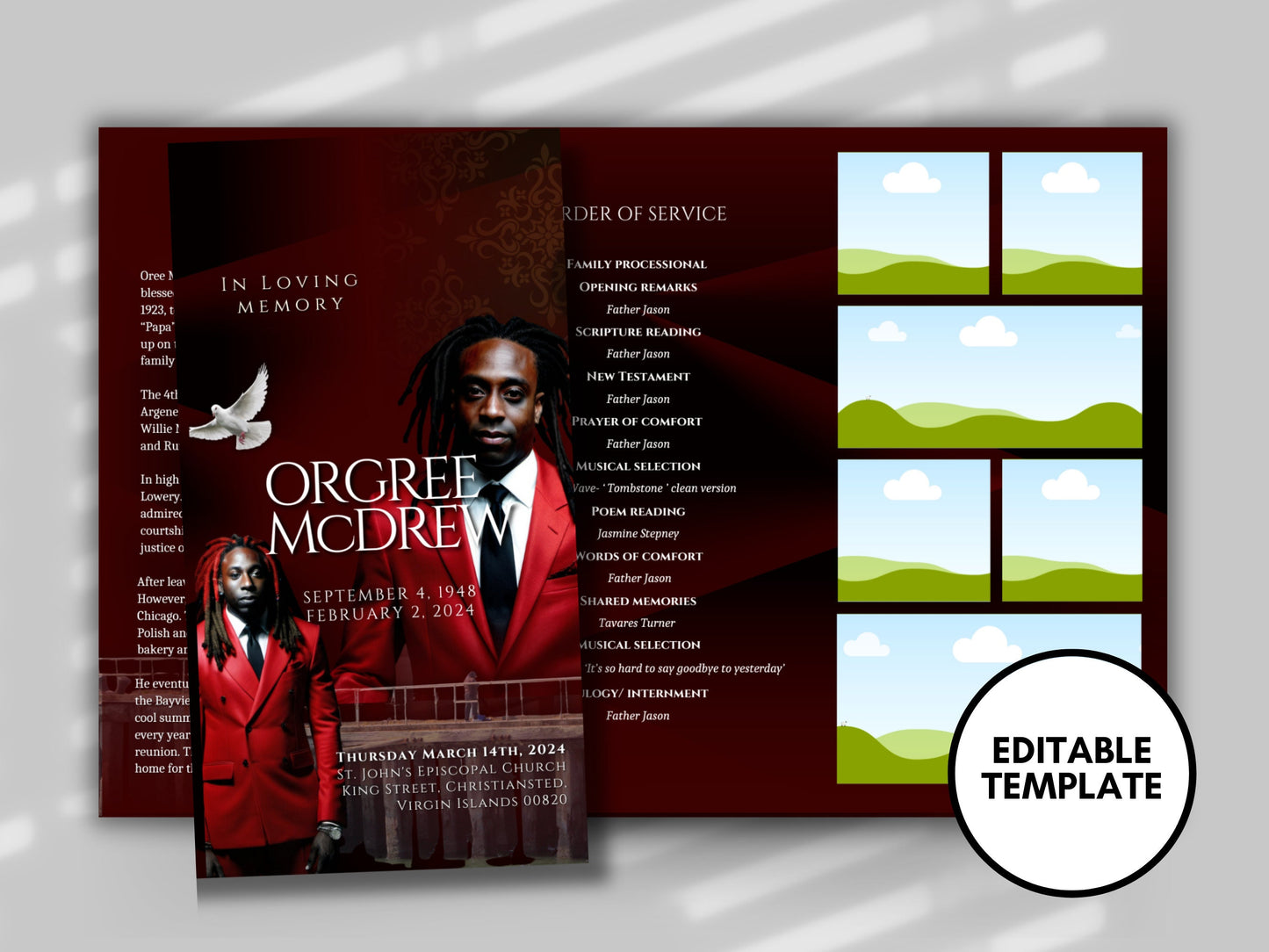 Funeral program 17"X11"editable templateTRIFOLD Men's Red In loving memory funeral brochure printing DIY Funeral booklet Printable