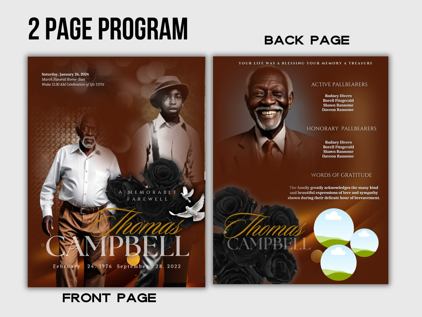 Funeral programs editable template 2 page 8.5x11 Men's Brown In loving memory funeral brochure printing DIY Funeral booklet