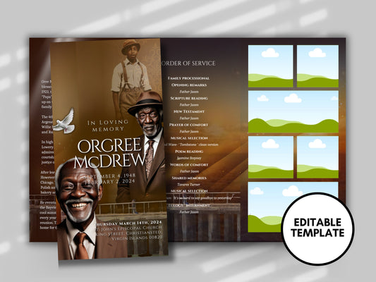 Funeral program 17"X11"editable templateTRIFOLD Men's Brown In loving memory funeral brochure printing DIY Funeral booklet Printable