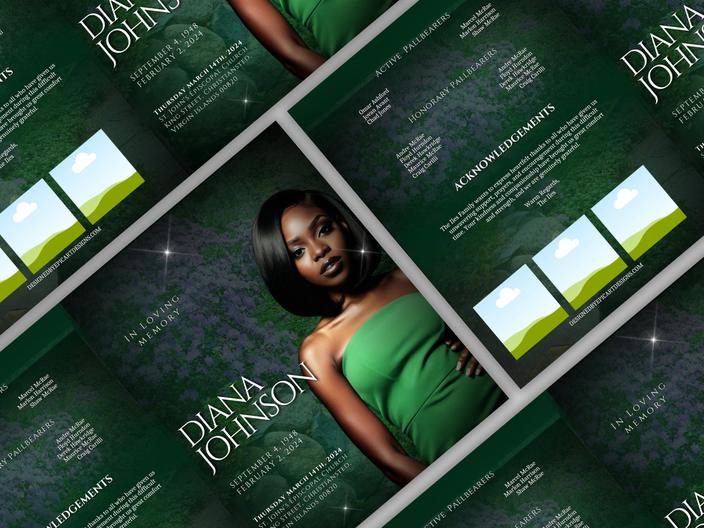 Funeral programs 8.5X11 editable template 8 page Women's Green In loving memory funeral brochure printing DIY Funeral booklet