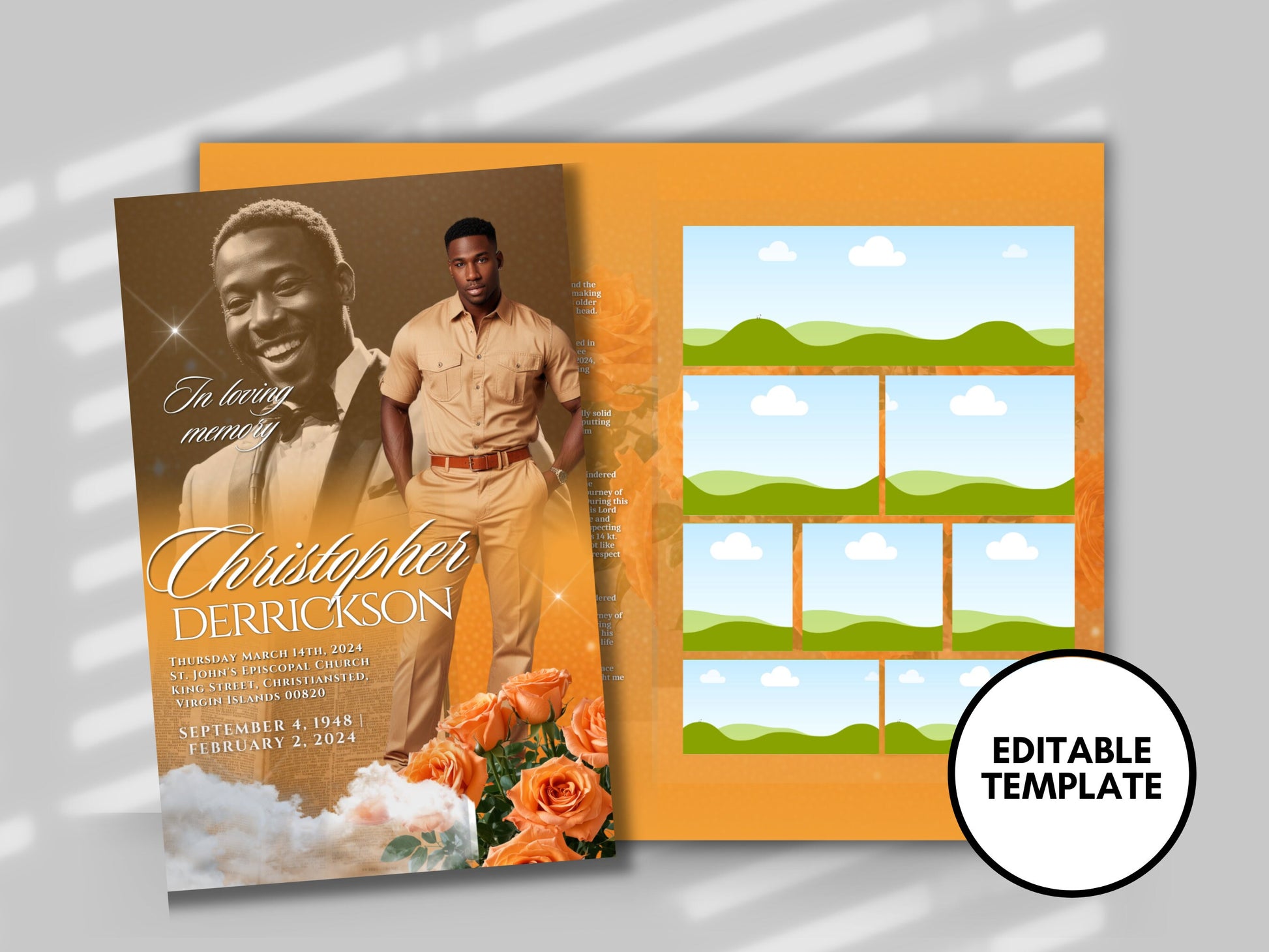 Funeral programs 8.5X11 editable template 8 page Men's Orange In loving memory funeral brochure printing DIY Funeral booklet