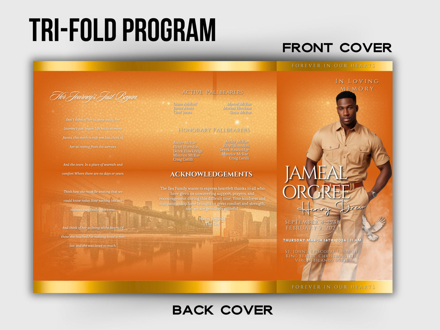 Funeral program 17"X11"editable templateTRIFOLD Men's Orange In loving memory funeral brochure printing DIY Funeral booklet Printable