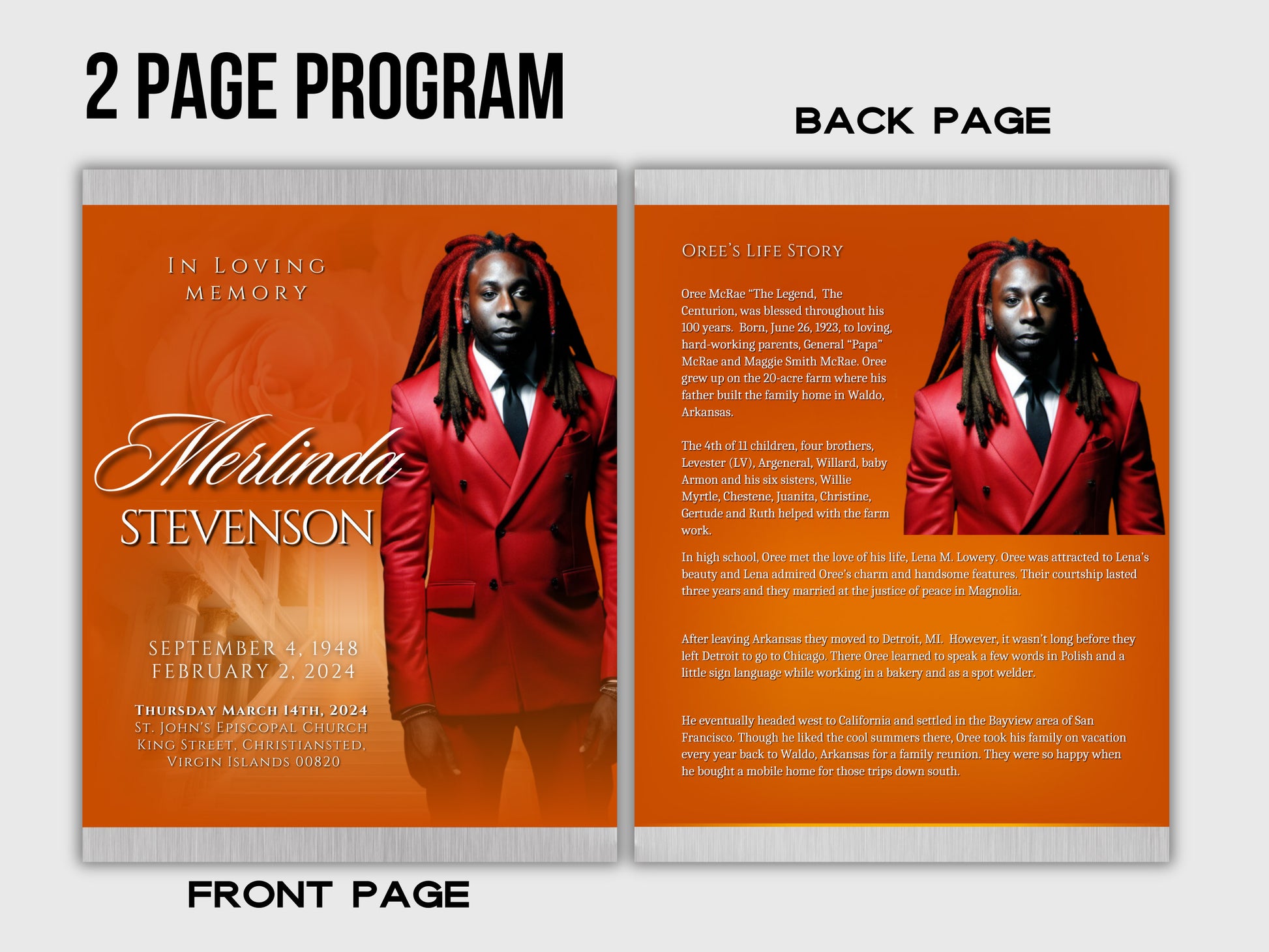 Funeral programs editable template 2 page 8.5x11 Mens Orange Red Program In loving memory funeral brochure printing DIY Funeral booklet