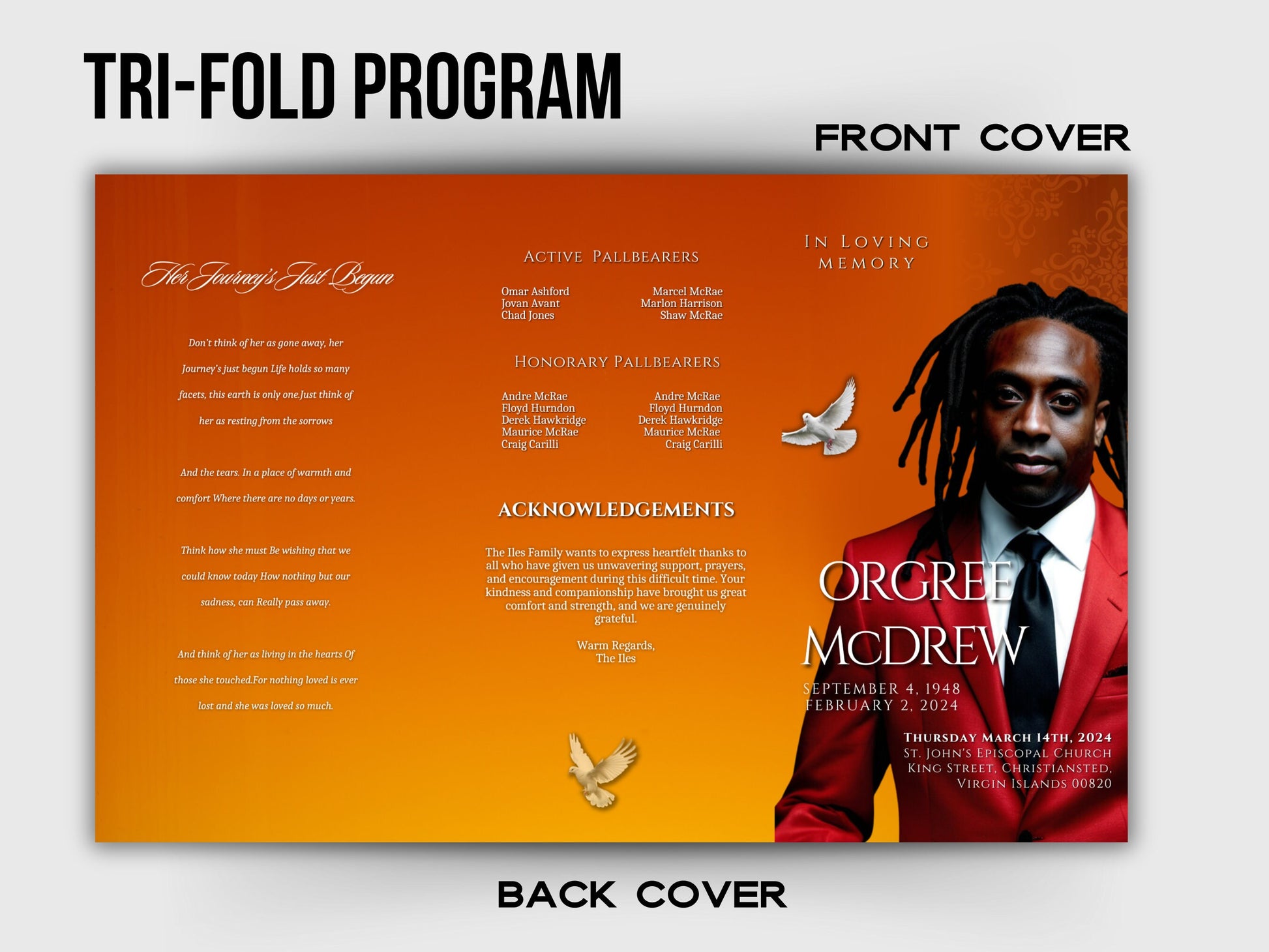 Funeral programs 17x11 editable template TRIFOLD Mens Red and orange In loving memory funeral brochure printing DIY Funeral booklet