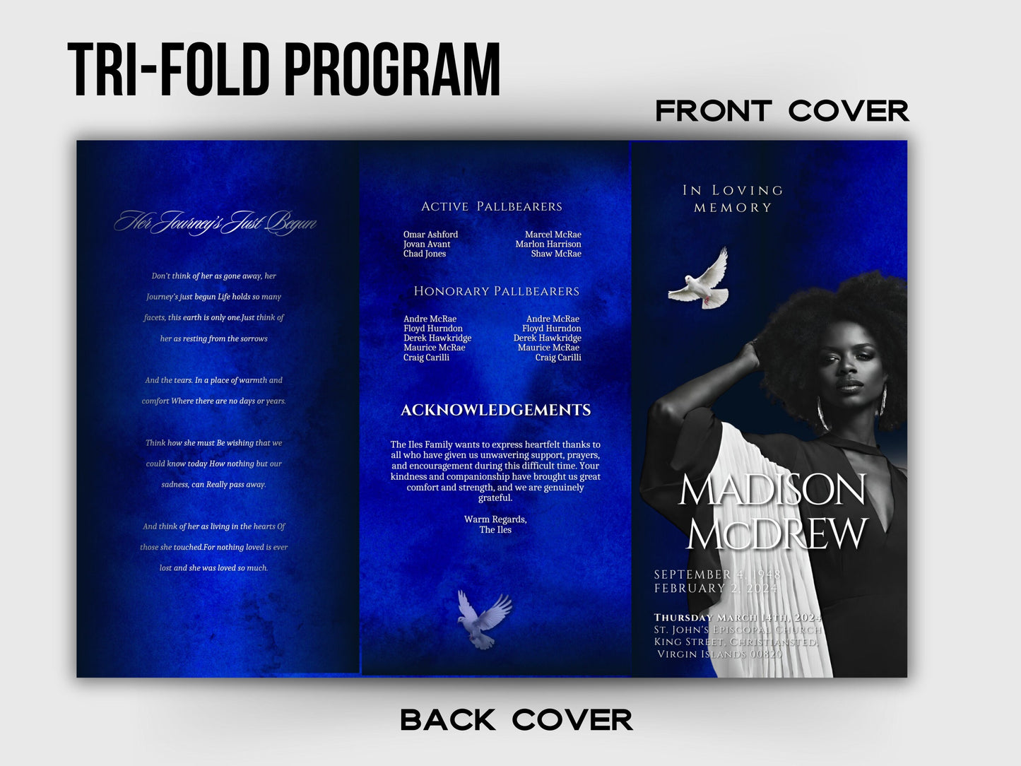 Funeral program 17"X11"editable templateTRIFOLD Women's Dark Blue In loving memory funeral brochure printing DIY Funeral booklet Printable