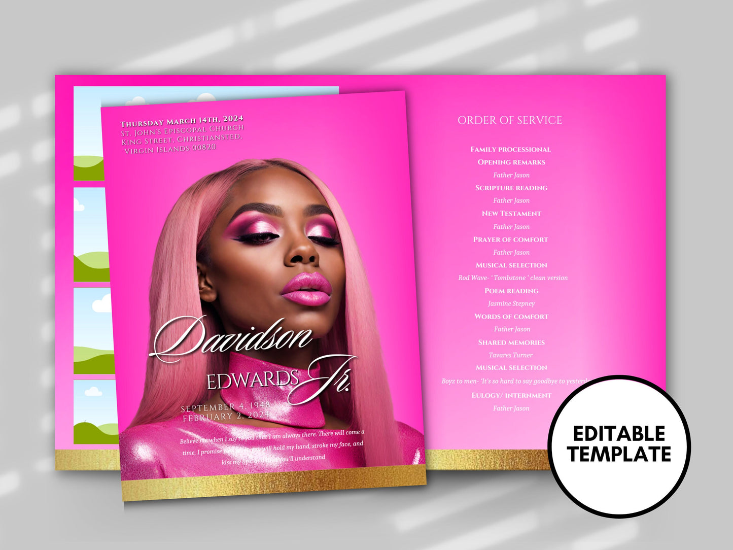 Funeral programs 8.5X11 editable template 8 page Women's Pink In loving memory funeral brochure printing DIY Funeral booklet