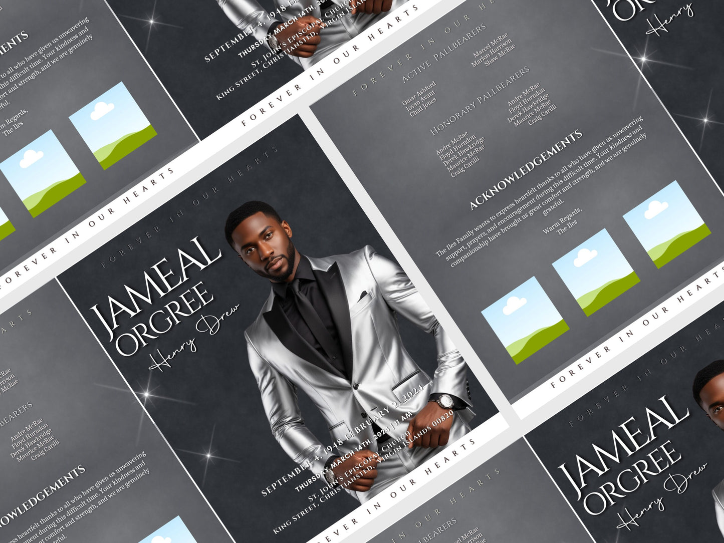 Funeral programs 8.5X11 editable template 8 page Men's Silver Grey In loving memory funeral brochure printing DIY Funeral booklet