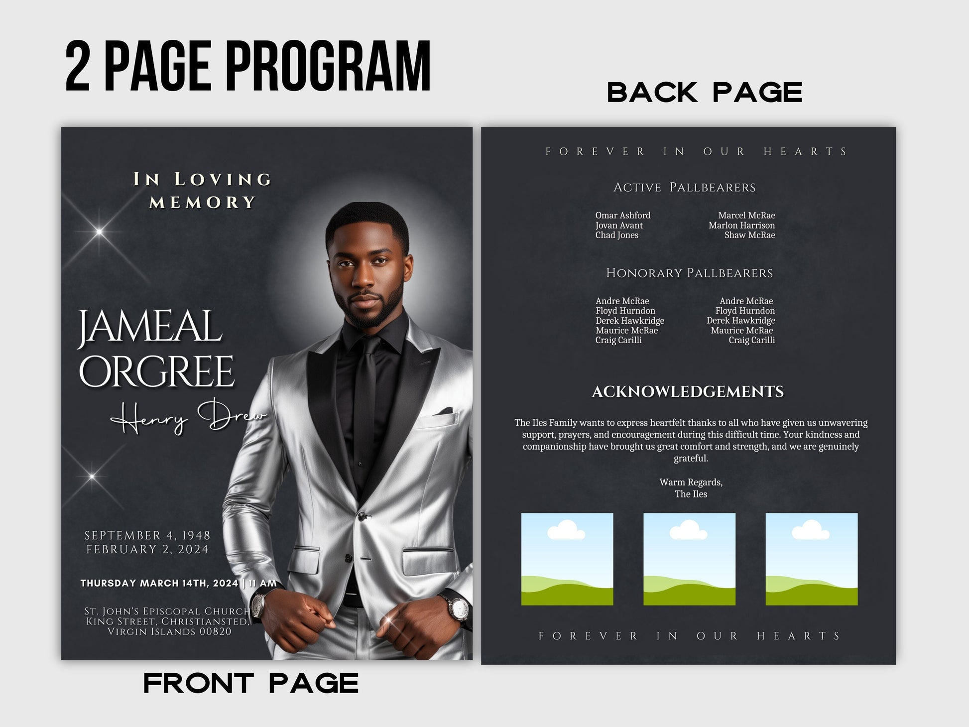 Funeral programs editable template 2 page 8.5x11 Mens Silver grey Program In loving memory funeral brochure printing DIY Funeral booklet