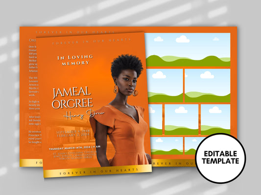 Funeral programs 8.5X11 editable template 8 page Women's Orange In loving memory funeral brochure printing DIY Funeral booklet