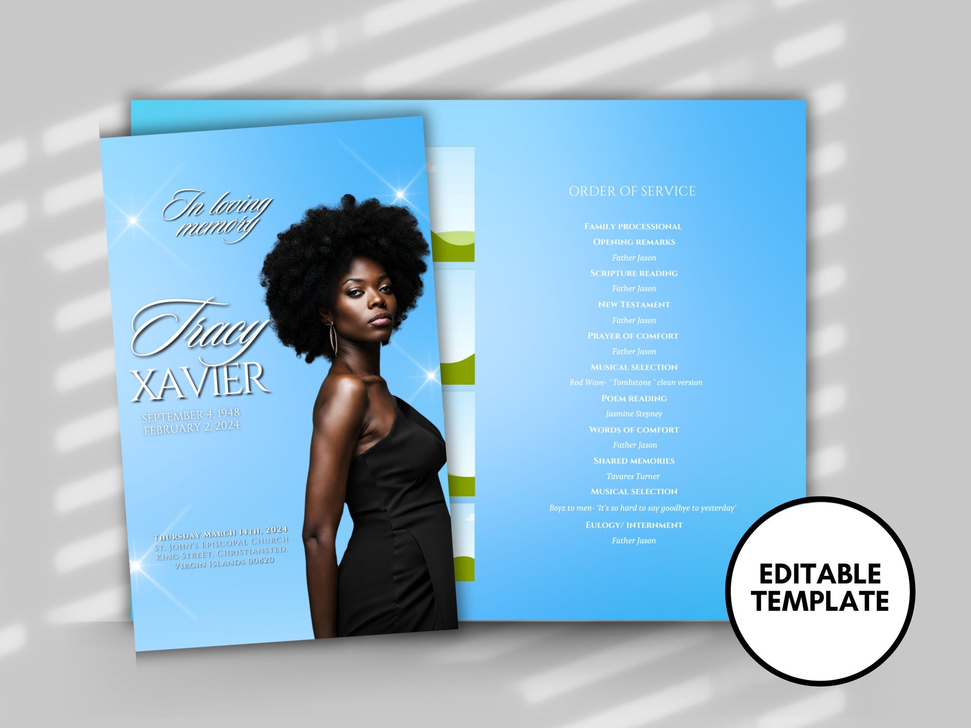 Funeral programs 8.5X11 editable template 8 page Women's Blue In loving memory funeral brochure printing DIY Funeral booklet