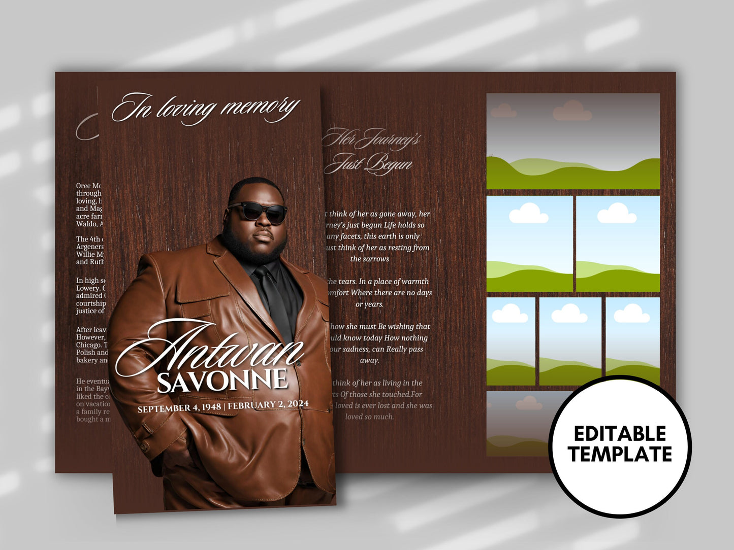 Funeral programs 17x11 editable template TRIFOLD Mens Brown In loving memory funeral brochure printing DIY Funeral booklet