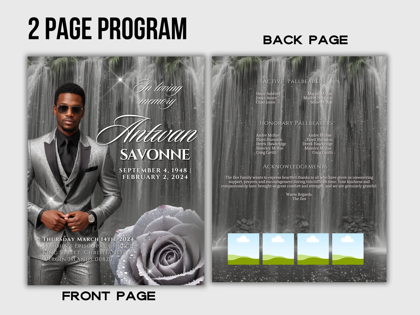 Funeral programs editable template 2 page 8.5x11 Men's Silver Glitter In loving memory funeral brochure printing DIY Funeral booklet