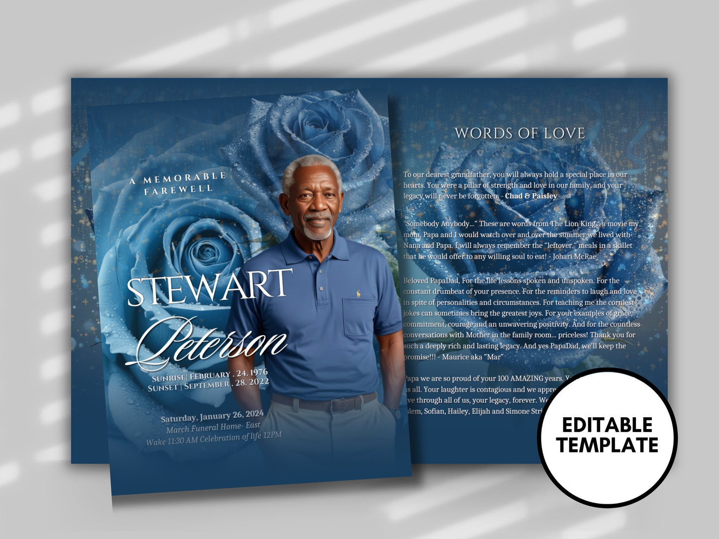 Funeral programs 8.5X11 editable template 8 page Men's Blue In loving memory funeral brochure printing DIY Funeral booklet