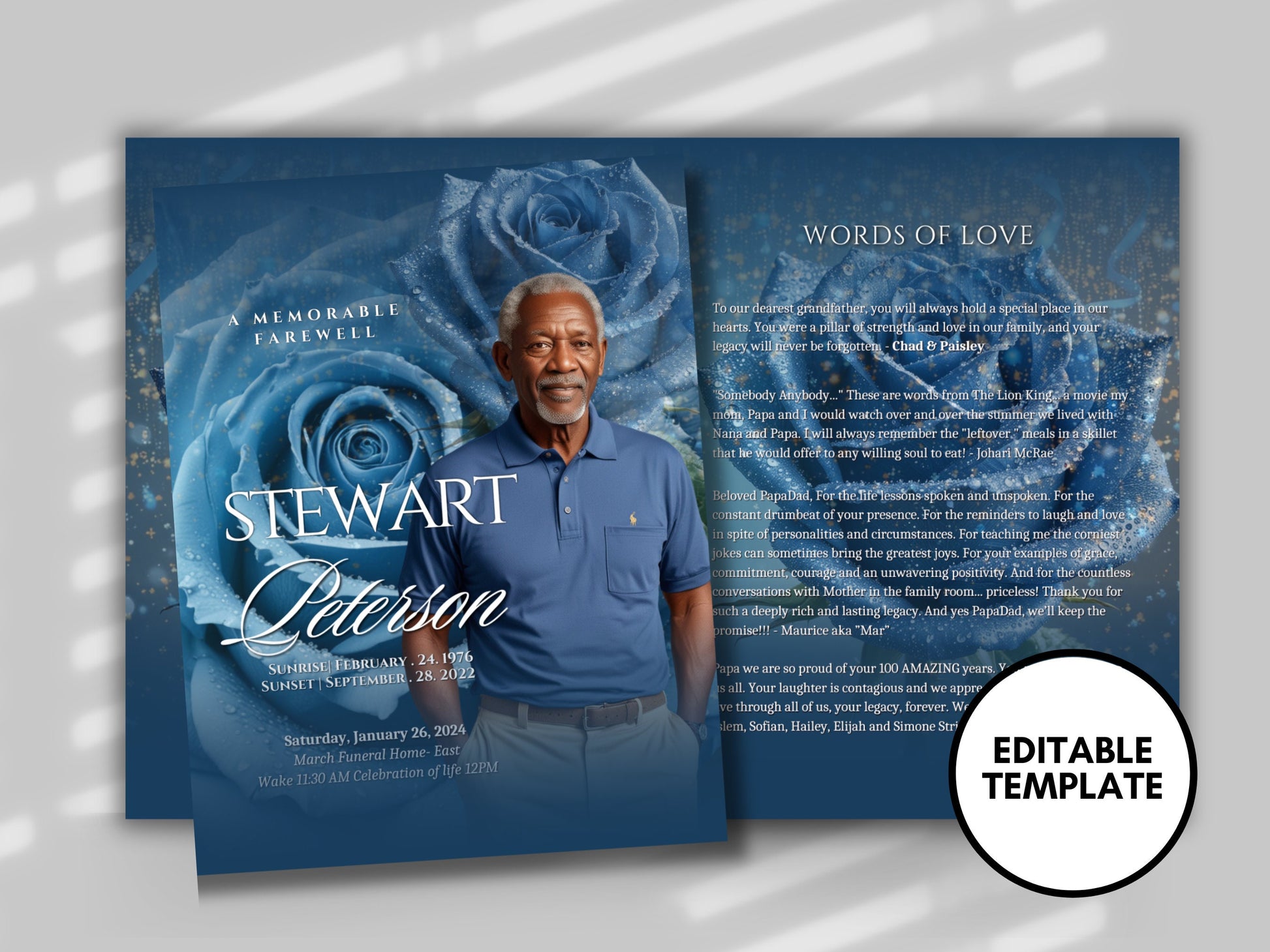 Funeral programs 8.5X11 editable template 8 page Men's Blue In loving memory funeral brochure printing DIY Funeral booklet