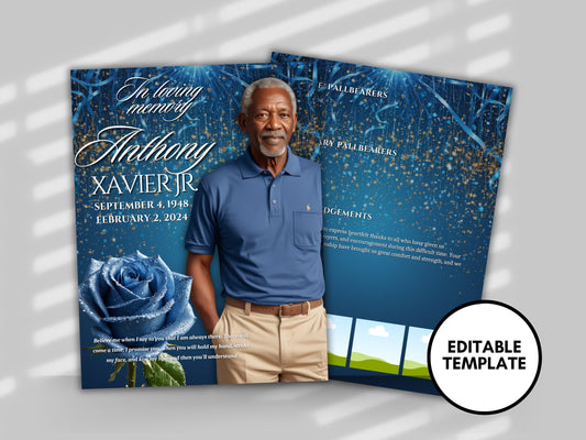 Funeral programs editable template 2 page 8.5x11 Men's Gold Glitter In loving memory funeral brochure printing DIY Funeral booklet