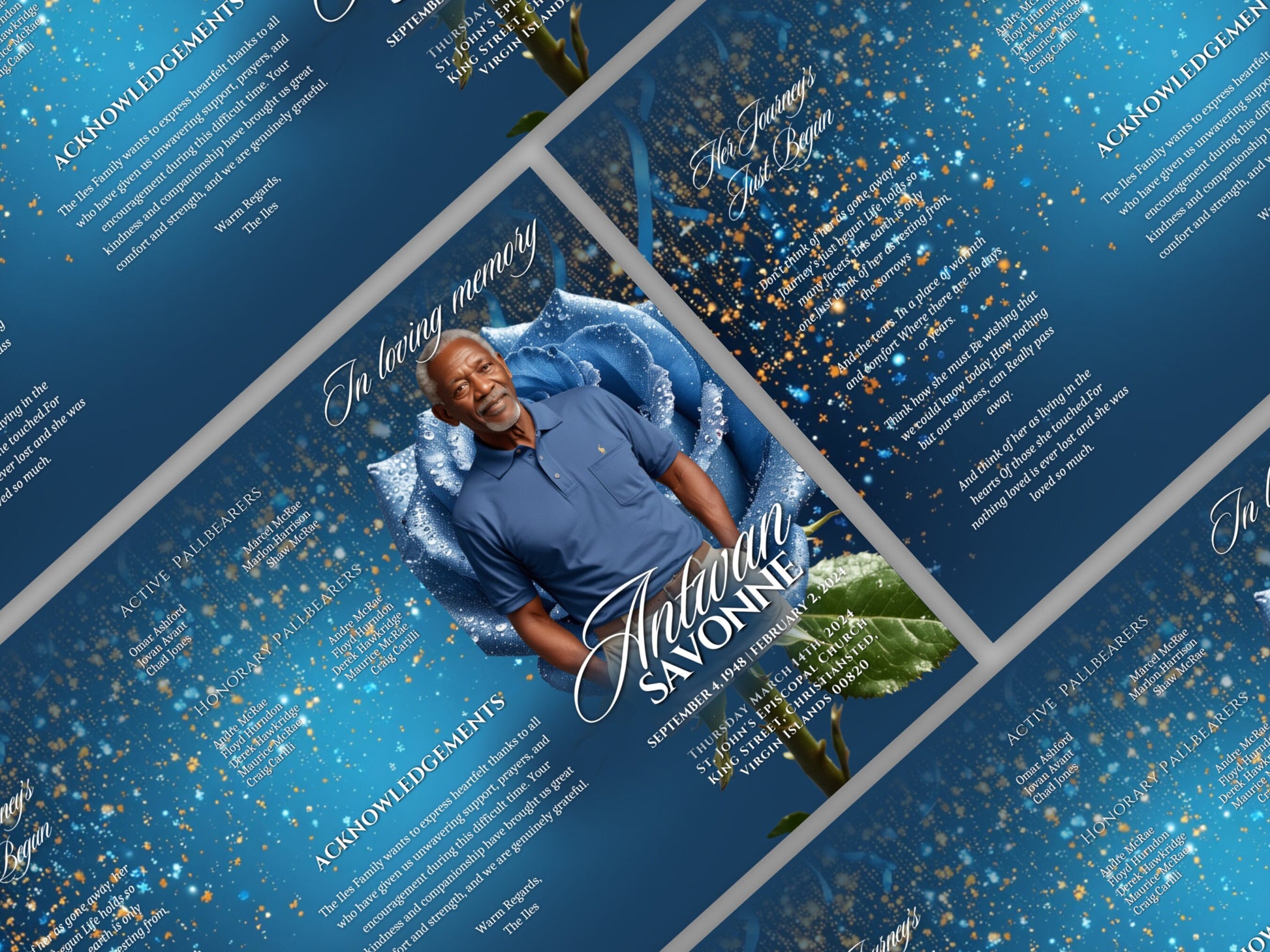 Funeral program 17"X11"editable templateTRIFOLD Men's Blue Glitter In loving memory funeral brochure printing DIY Funeral booklet Printable