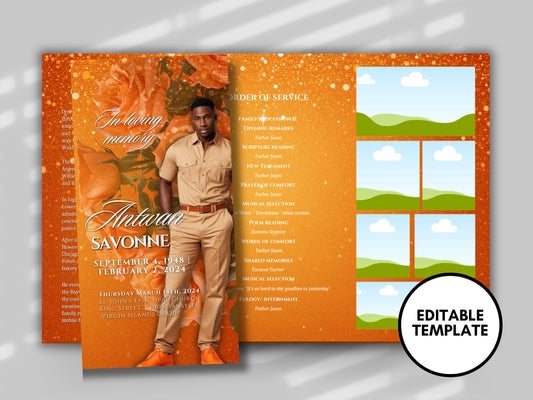 Funeral program 17"X11"editable templateTRIFOLD Men's Orange In loving memory funeral brochure printing DIY Funeral booklet Printable