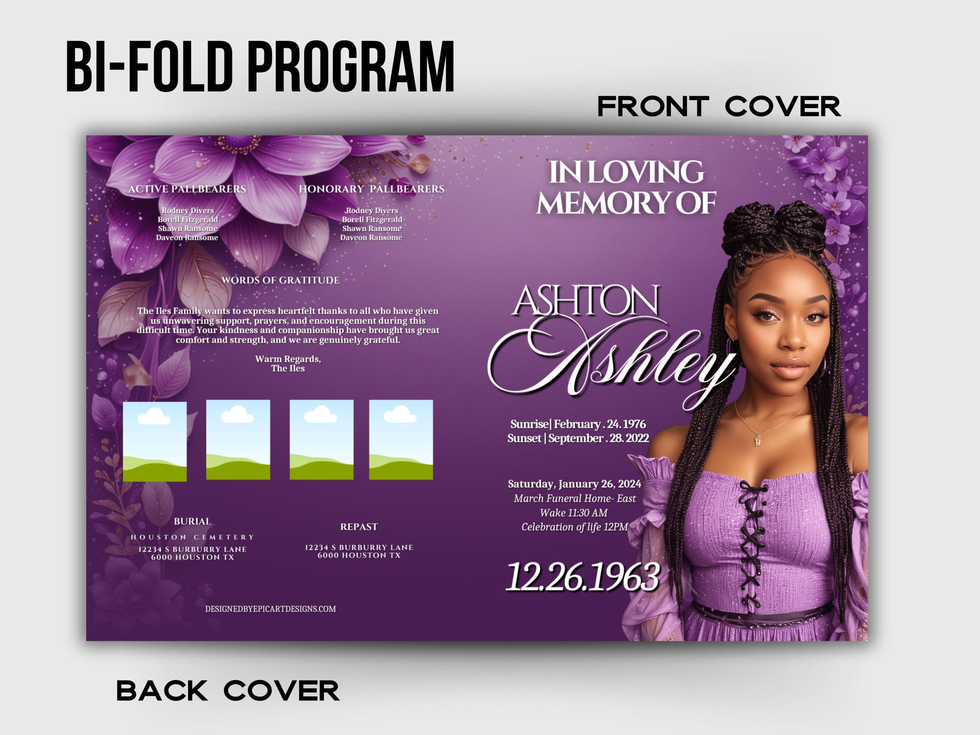 Funeral programs 8.5X11 editable template 8 page Women's Purple In loving memory funeral brochure printing DIY Funeral booklet